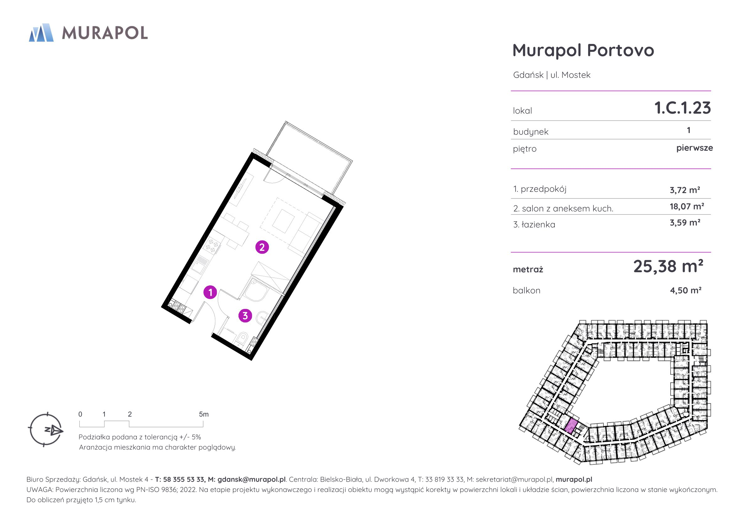 Mieszkanie 25,38 m², piętro 1, oferta nr 1.C.1.23, Murapol Portovo, Gdańsk, Śródmieście, ul. Mostek-idx