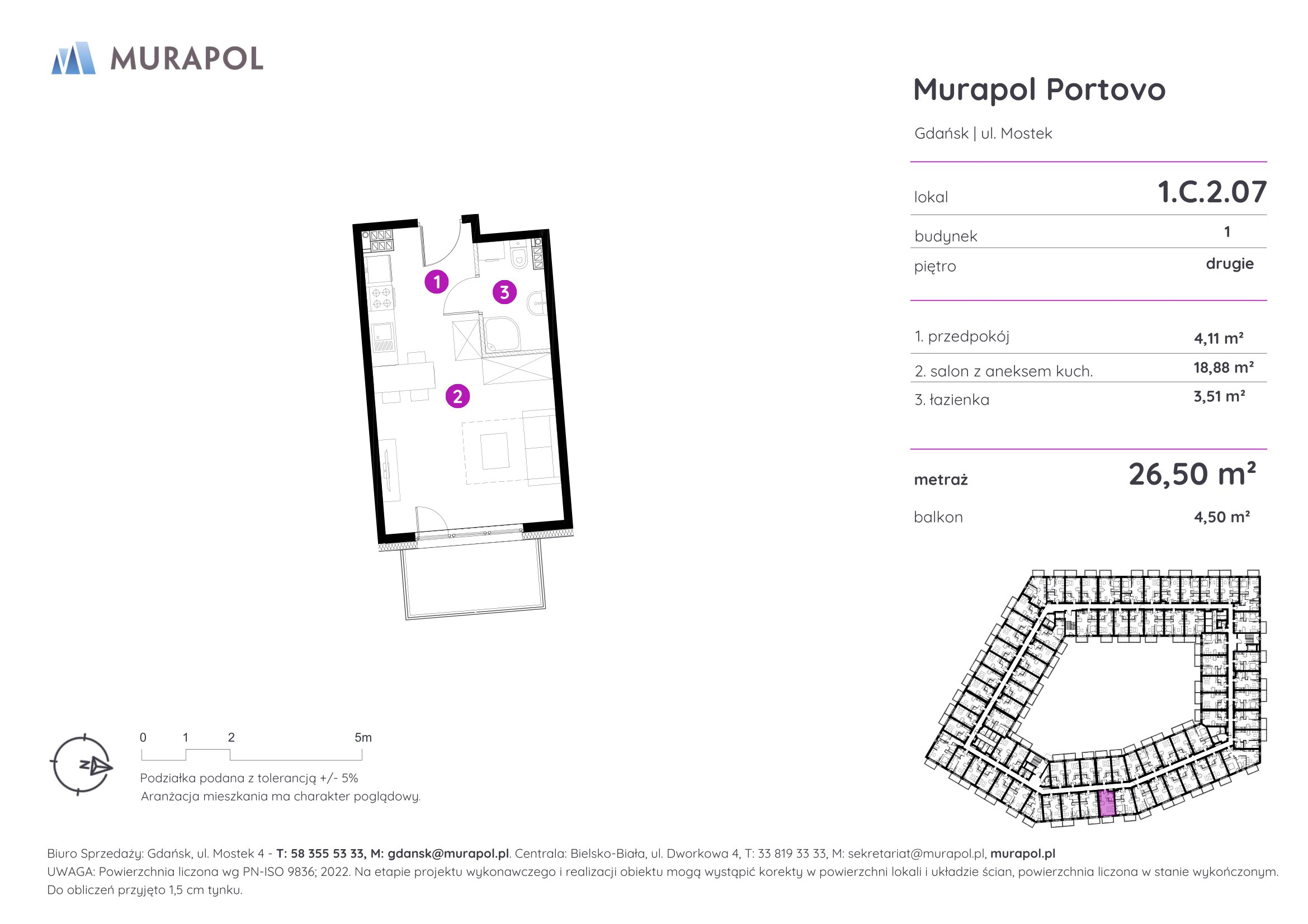 Mieszkanie 26,50 m², piętro 2, oferta nr 1.C.2.07, Murapol Portovo, Gdańsk, Śródmieście, ul. Mostek-idx