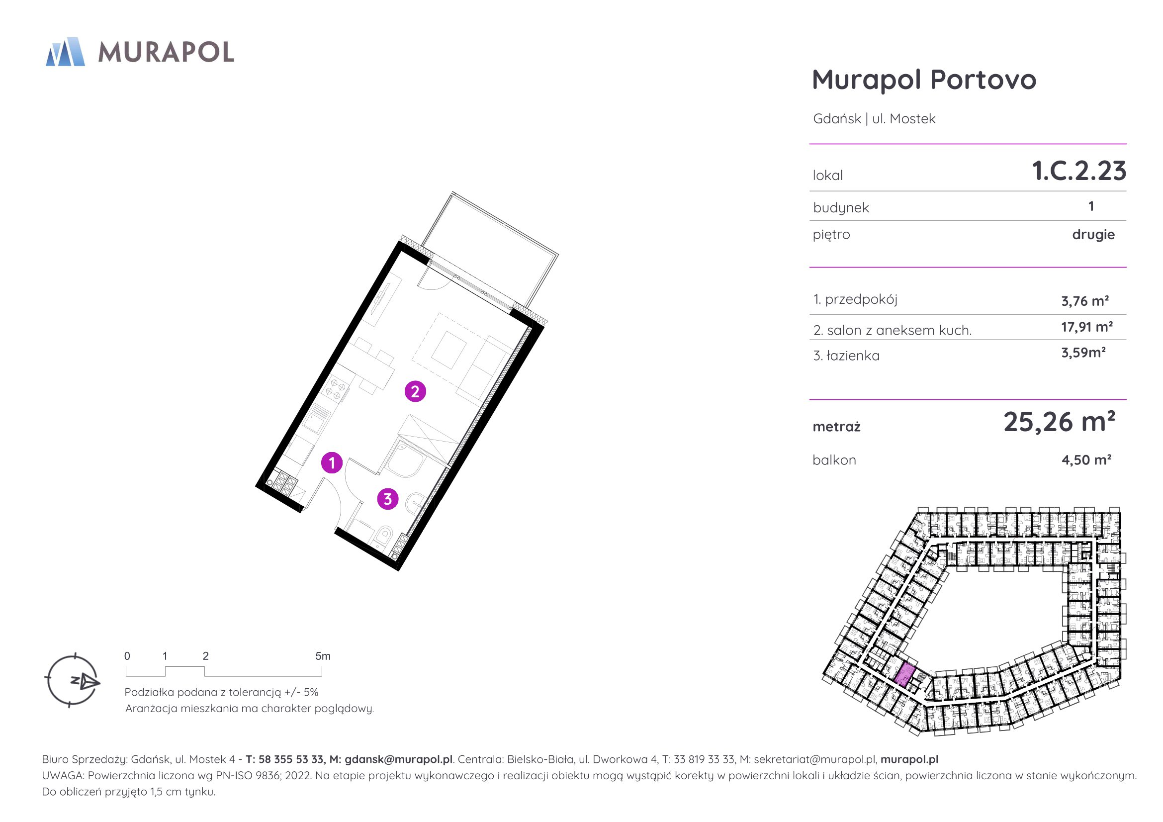 Mieszkanie 25,26 m², piętro 2, oferta nr 1.C.2.23, Murapol Portovo, Gdańsk, Śródmieście, ul. Mostek-idx