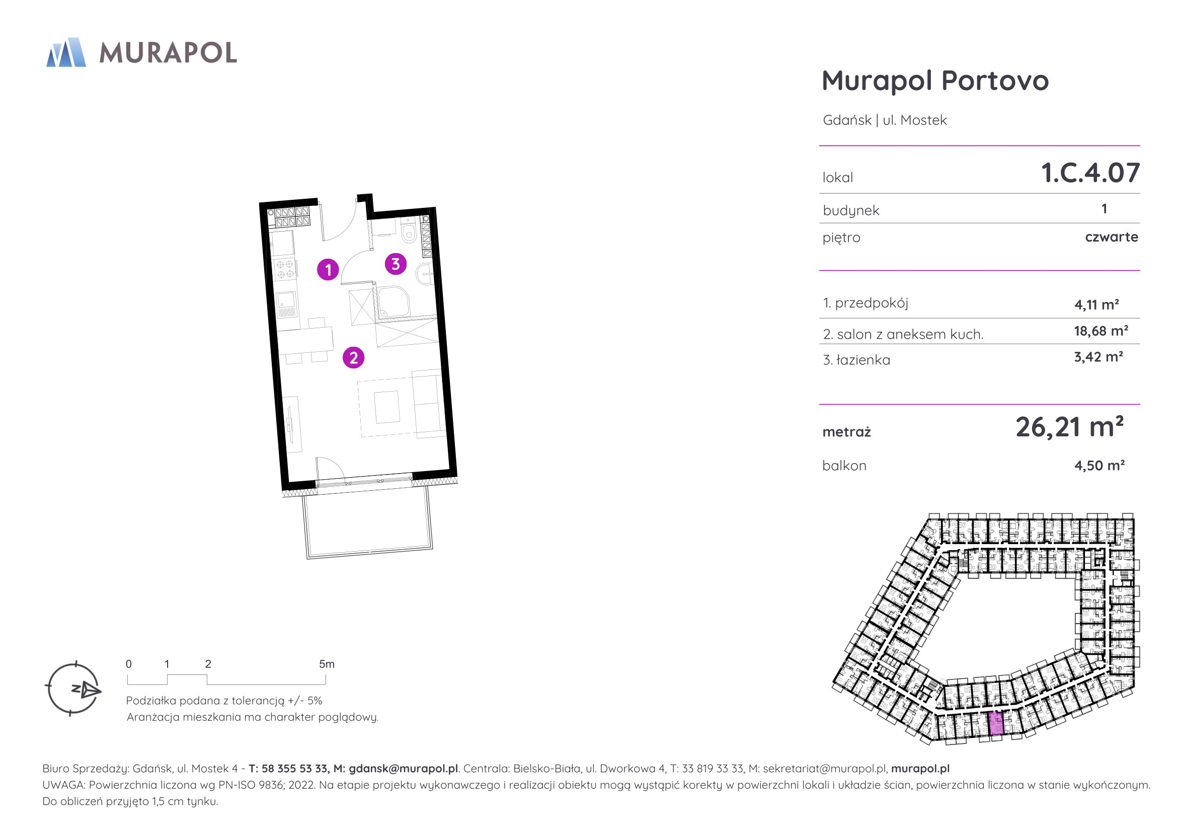 Mieszkanie 26,21 m², piętro 4, oferta nr 1.C.4.07, Murapol Portovo, Gdańsk, Śródmieście, ul. Mostek-idx