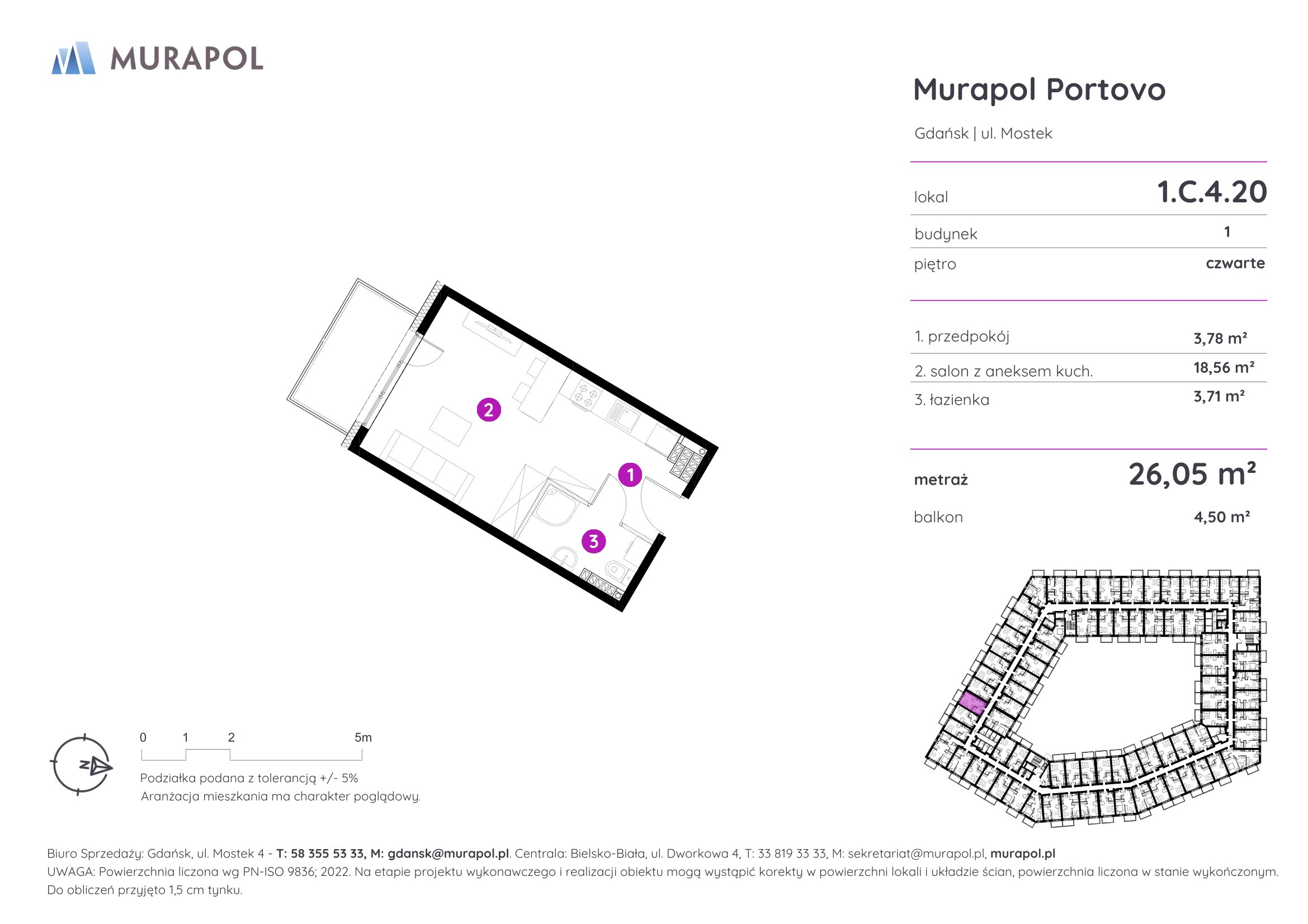 Mieszkanie 26,05 m², piętro 4, oferta nr 1.C.4.20, Murapol Portovo, Gdańsk, Śródmieście, ul. Mostek-idx