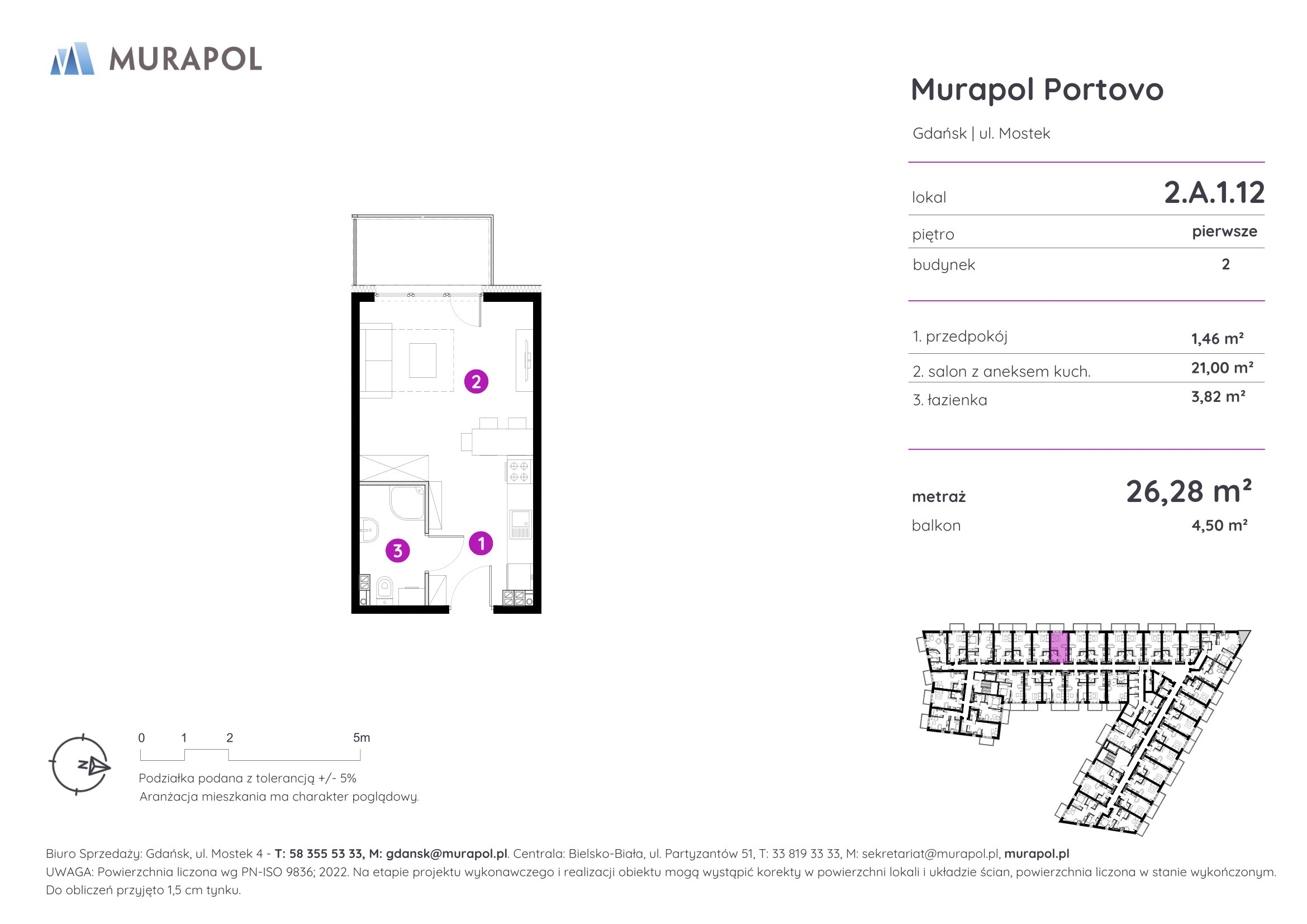 Apartament inwestycyjny 26,28 m², piętro 1, oferta nr 2.A.1.12, Murapol Portovo, Gdańsk, Śródmieście, ul. Mostek-idx