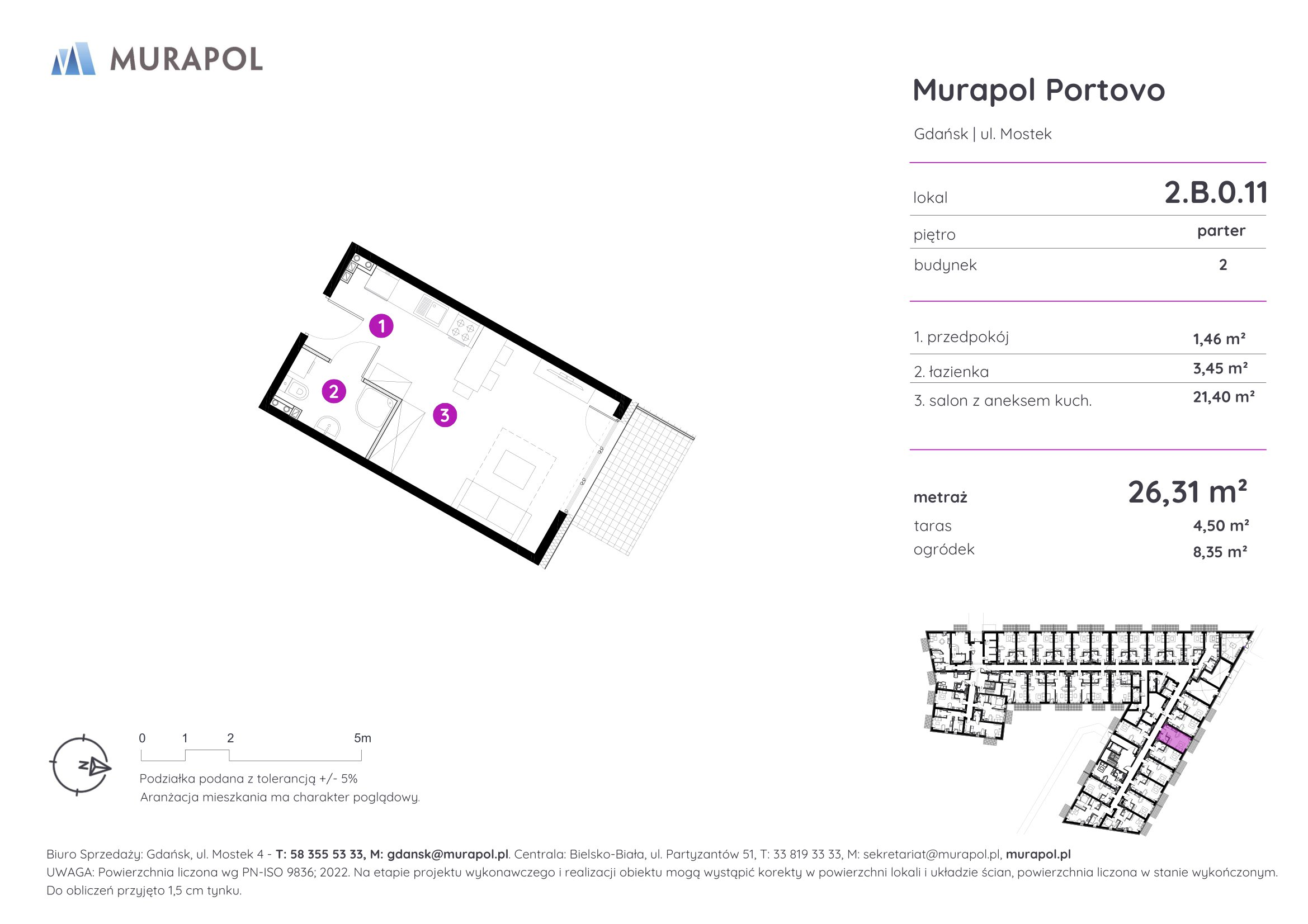 Apartament inwestycyjny 26,31 m², parter, oferta nr 2.B.0.11, Murapol Portovo, Gdańsk, Śródmieście, ul. Mostek-idx