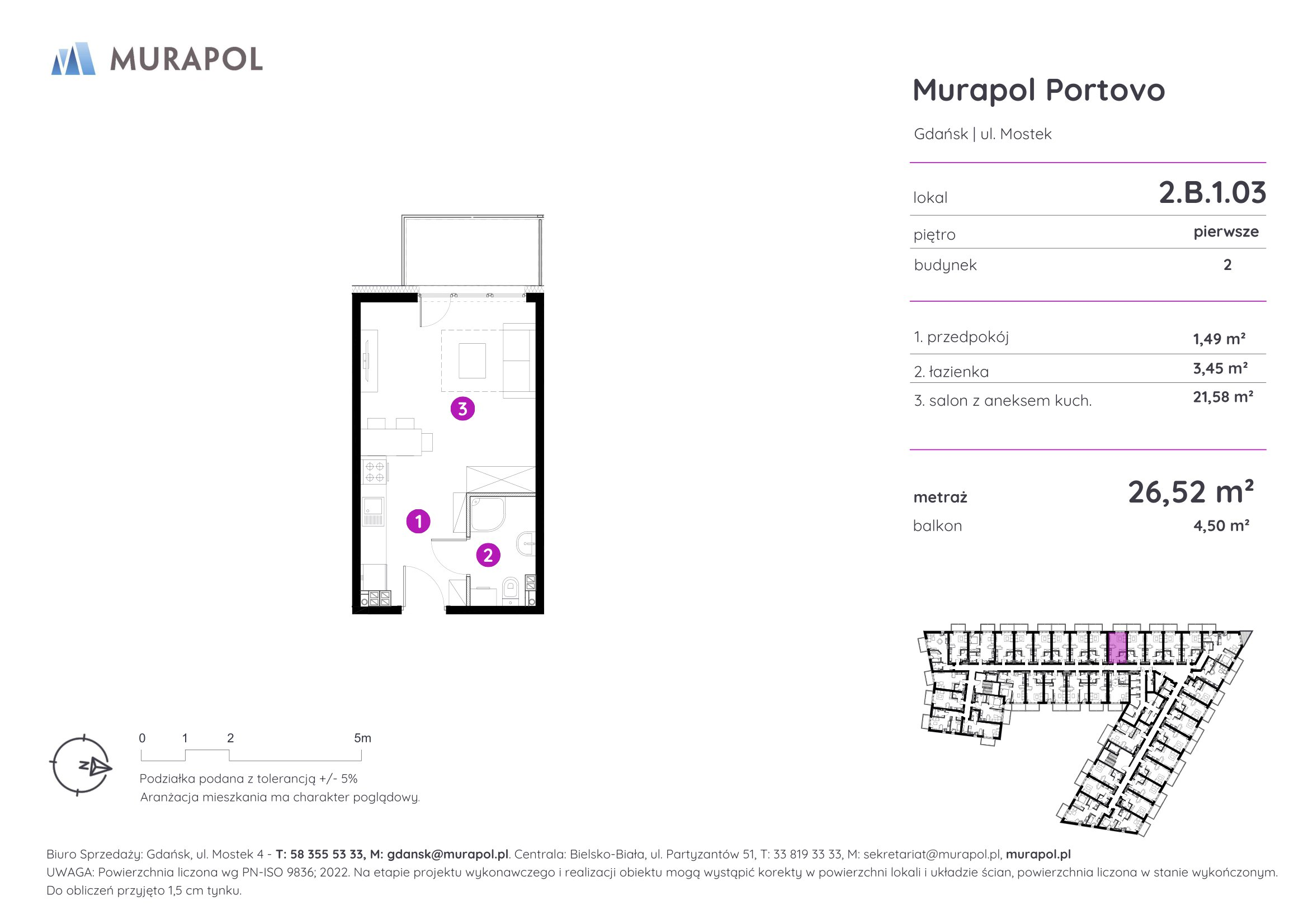 Apartament inwestycyjny 26,52 m², piętro 1, oferta nr 2.B.1.03, Murapol Portovo, Gdańsk, Śródmieście, ul. Mostek-idx