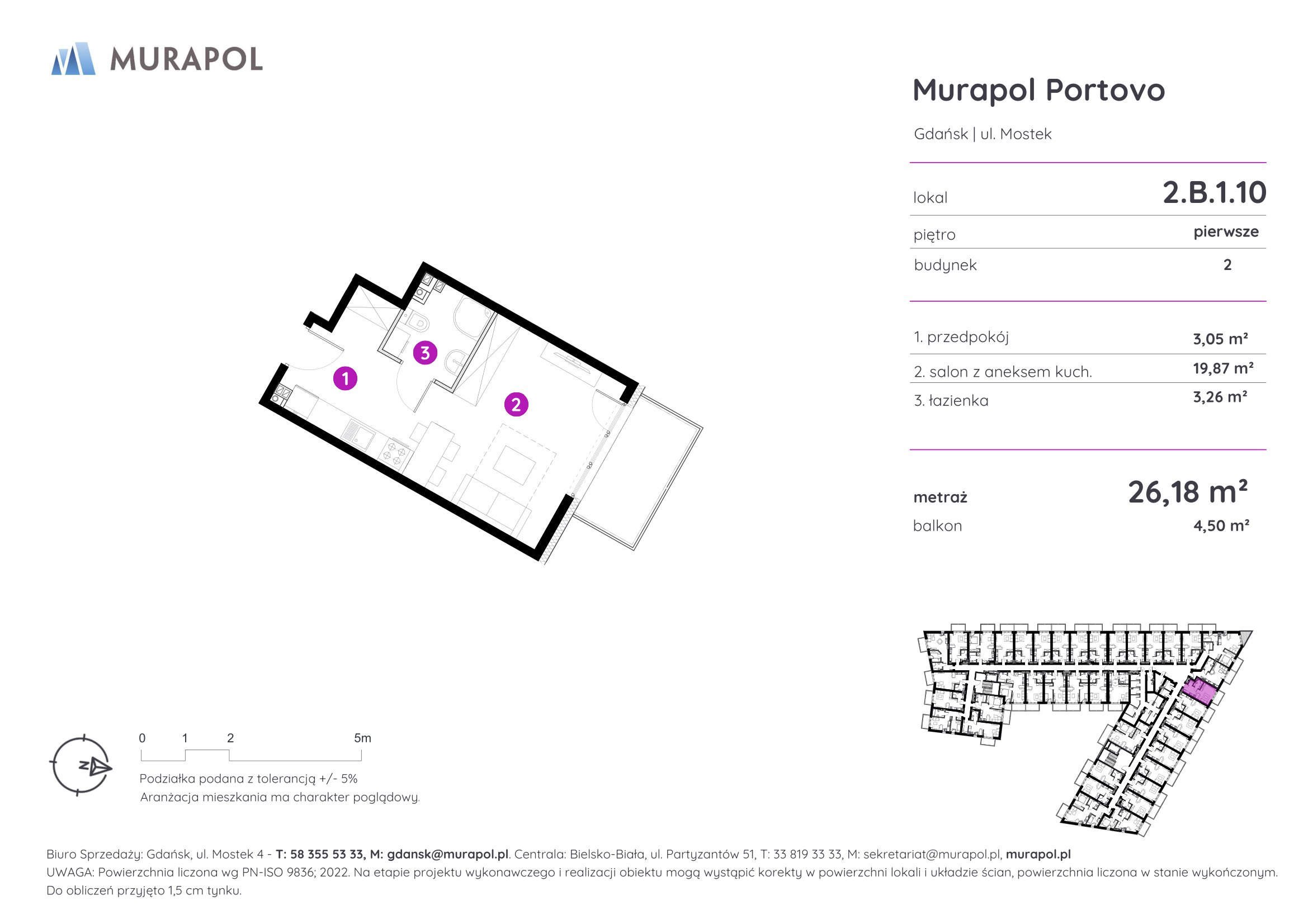 Apartament inwestycyjny 26,18 m², piętro 1, oferta nr 2.B.1.10, Murapol Portovo, Gdańsk, Śródmieście, ul. Mostek-idx