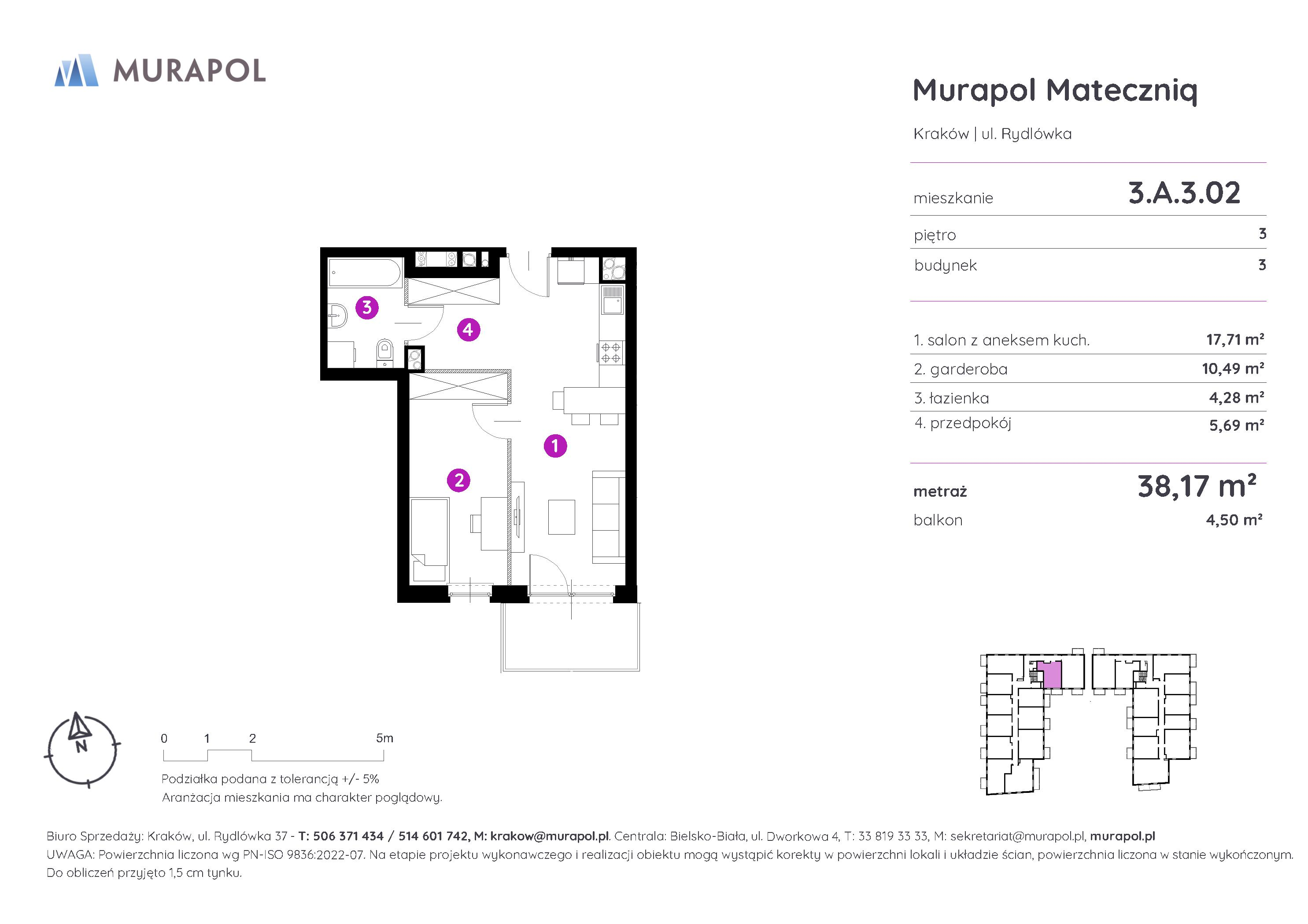 Mieszkanie 38,17 m², piętro 3, oferta nr 3.A.3.02, Murapol Mateczniq, Kraków, Podgórze, Mateczny, ul. Rydlówka-idx