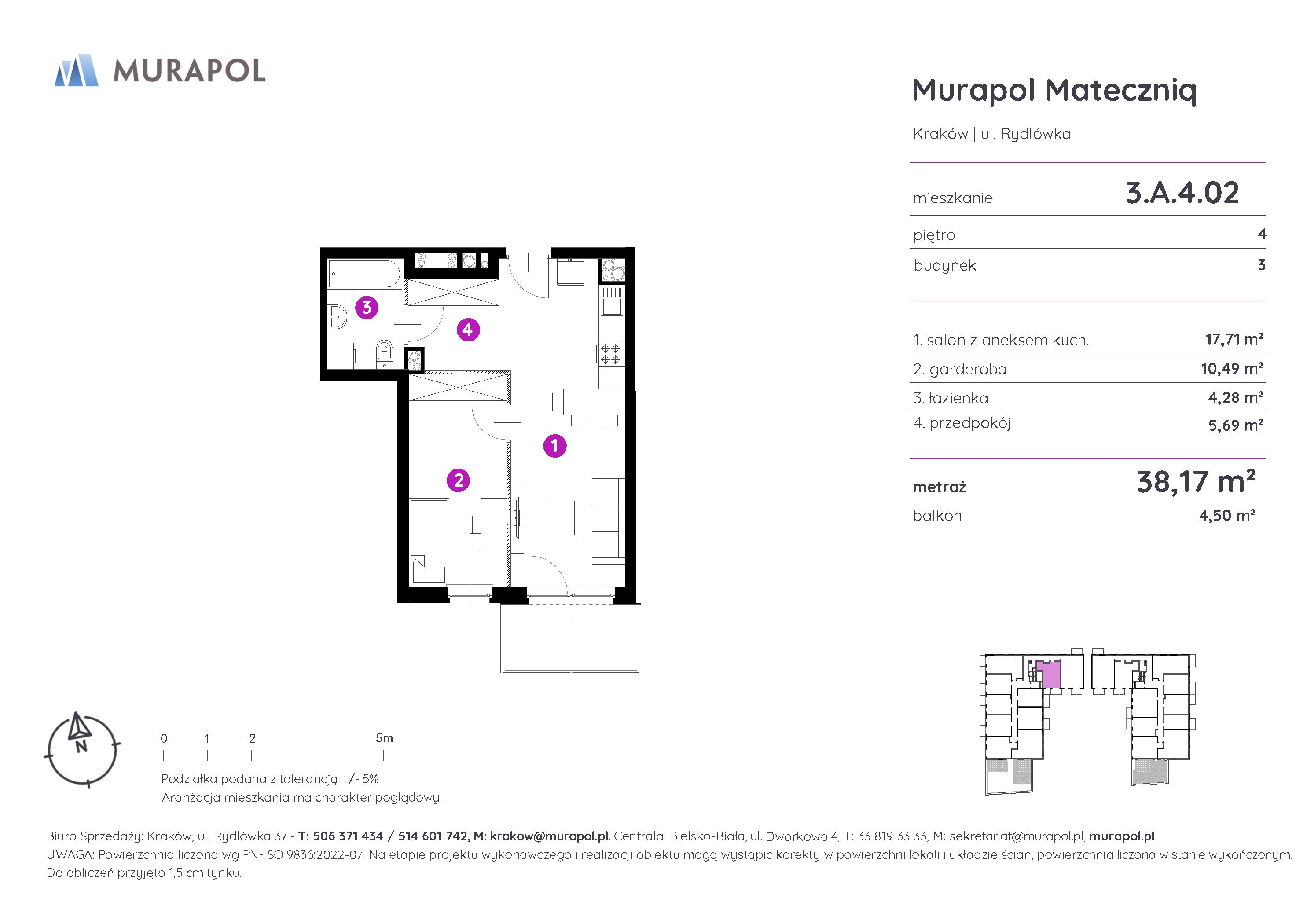 Mieszkanie 38,17 m², piętro 4, oferta nr 3.A.4.02, Murapol Mateczniq, Kraków, Podgórze, Mateczny, ul. Rydlówka-idx