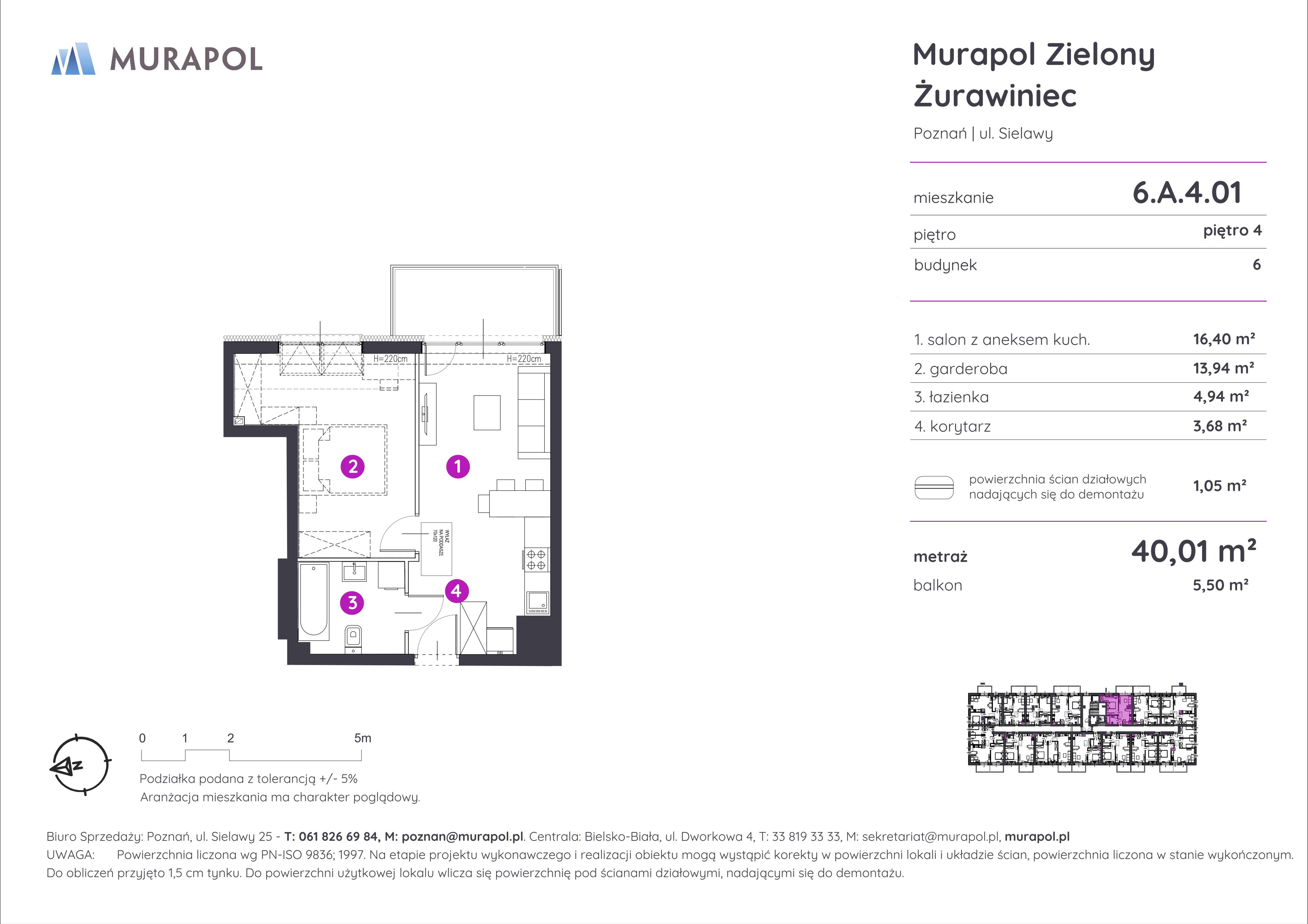 Mieszkanie 40,01 m², piętro 4, oferta nr 6.A.4.01, Murapol Zielony Żurawiniec, Poznań, Naramowice, ul. Sielawy-idx