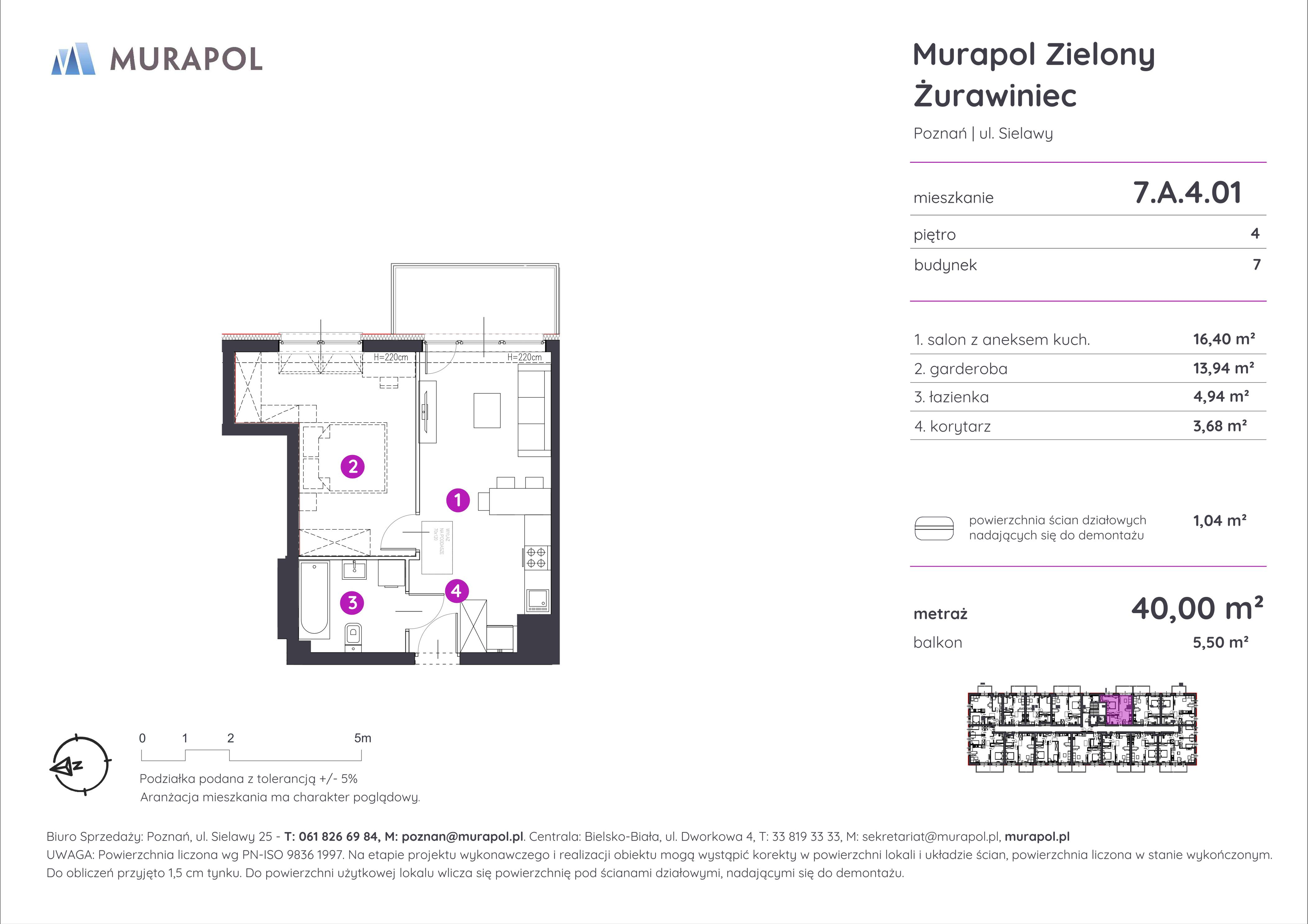 Mieszkanie 40,00 m², piętro 4, oferta nr 7.A.4.01, Murapol Zielony Żurawiniec, Poznań, Naramowice, ul. Sielawy-idx