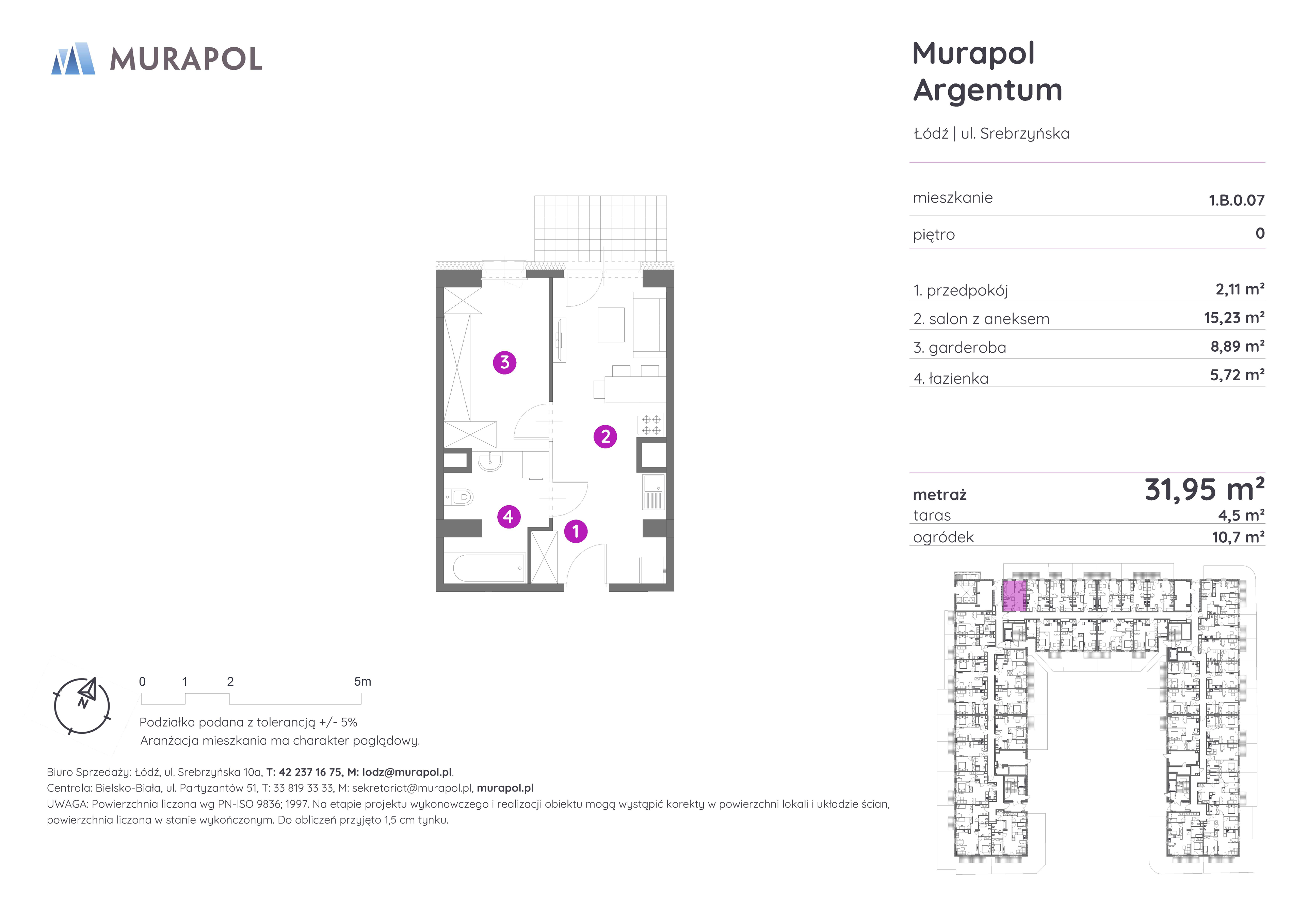 Mieszkanie 31,95 m², parter, oferta nr 1.B.0.07, Murapol Argentum, Łódź, Polesie, Stare Polesie, ul. Srebrzyńska-idx