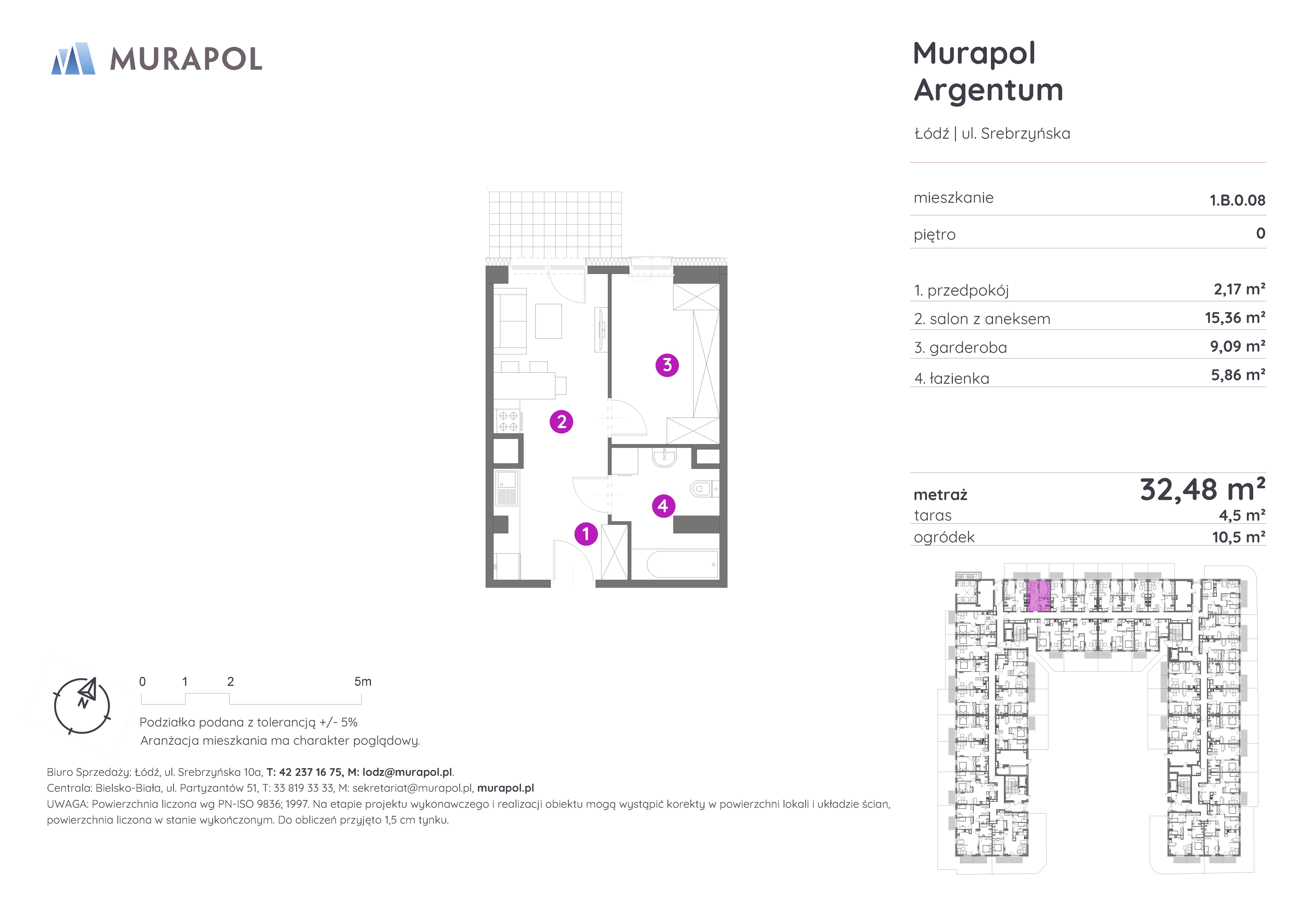 Mieszkanie 32,48 m², parter, oferta nr 1.B.0.08, Murapol Argentum, Łódź, Polesie, Stare Polesie, ul. Srebrzyńska-idx