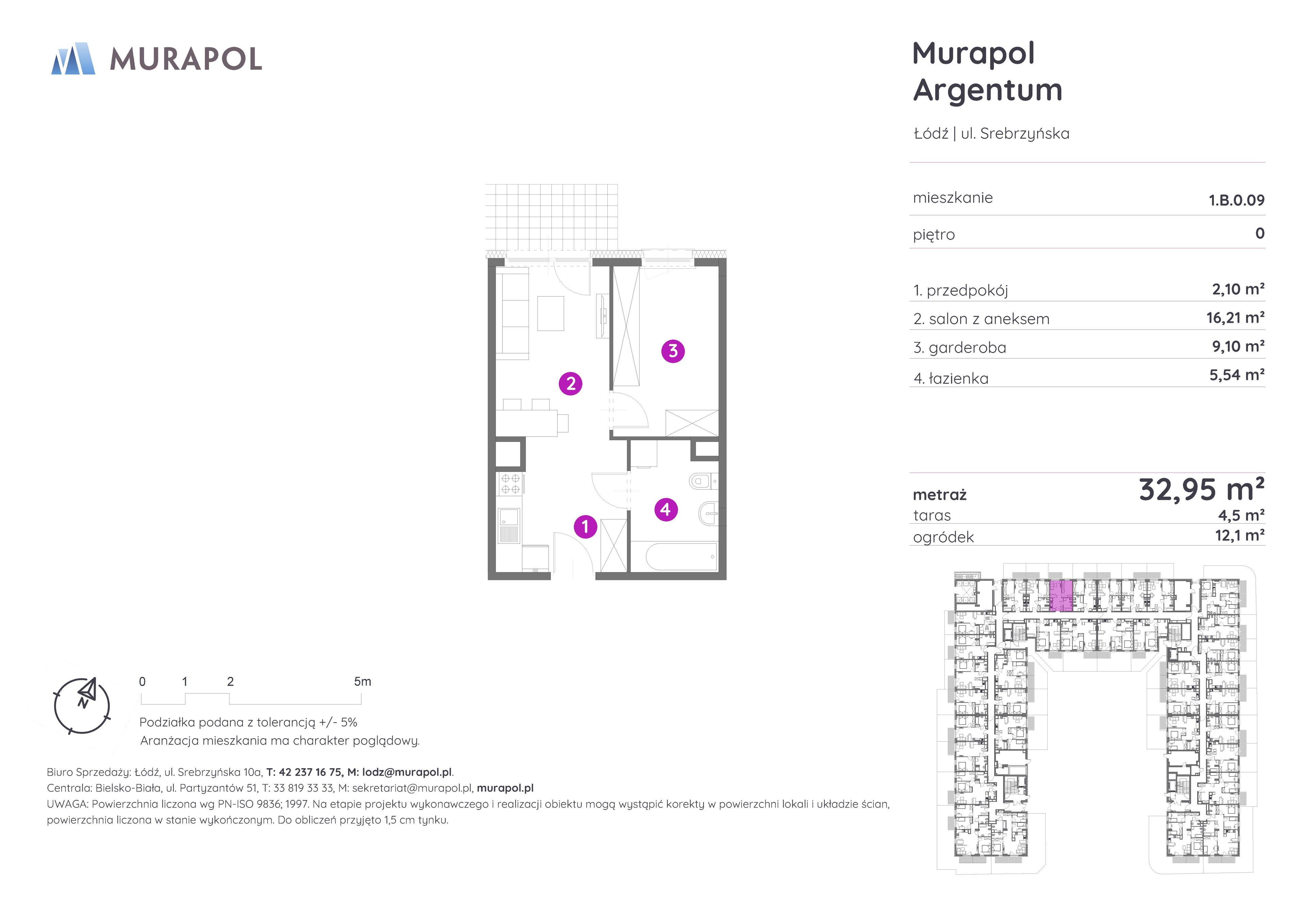 Mieszkanie 32,95 m², parter, oferta nr 1.B.0.09, Murapol Argentum, Łódź, Polesie, Stare Polesie, ul. Srebrzyńska-idx