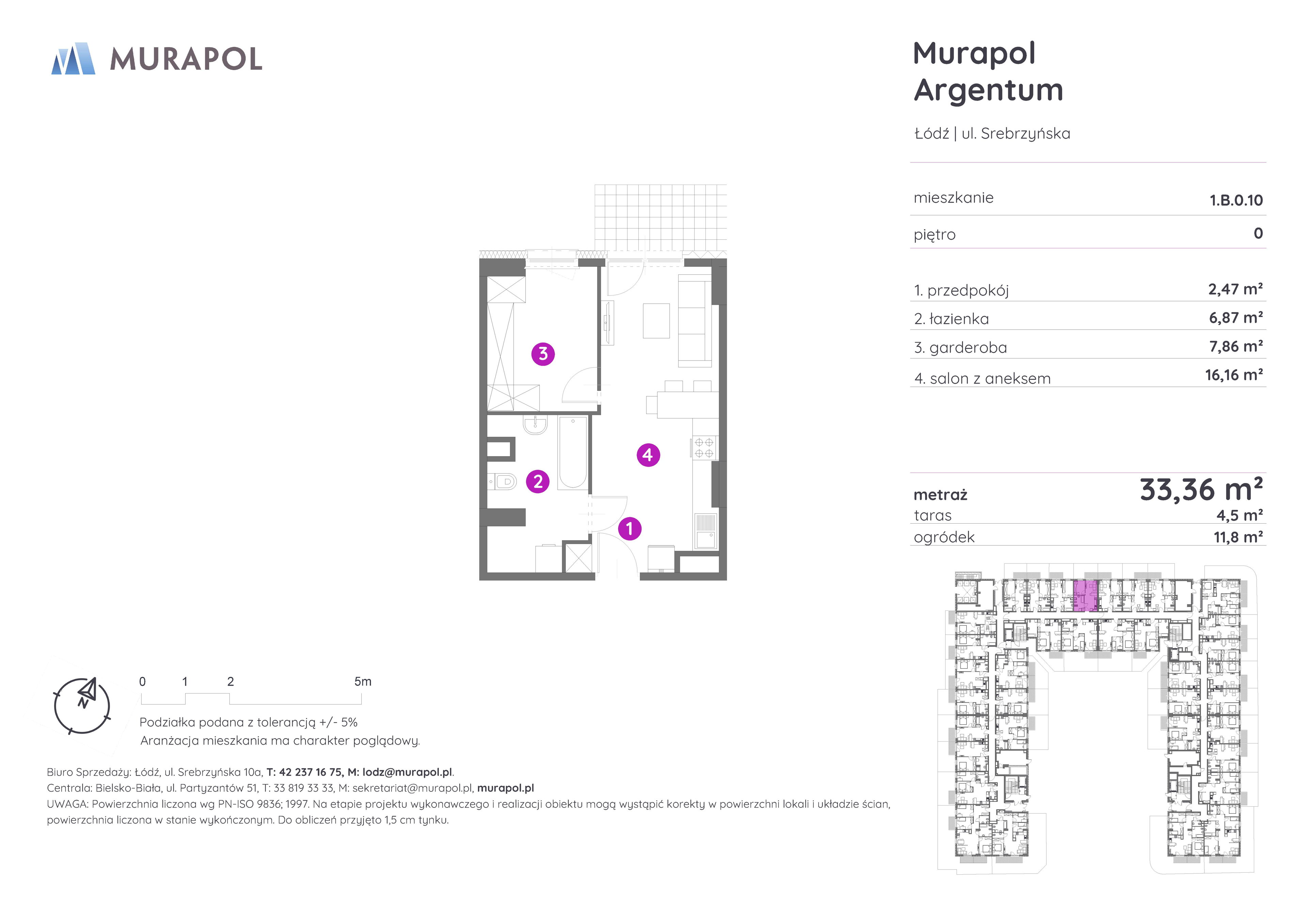 Mieszkanie 33,36 m², parter, oferta nr 1.B.0.10, Murapol Argentum, Łódź, Polesie, Stare Polesie, ul. Srebrzyńska-idx