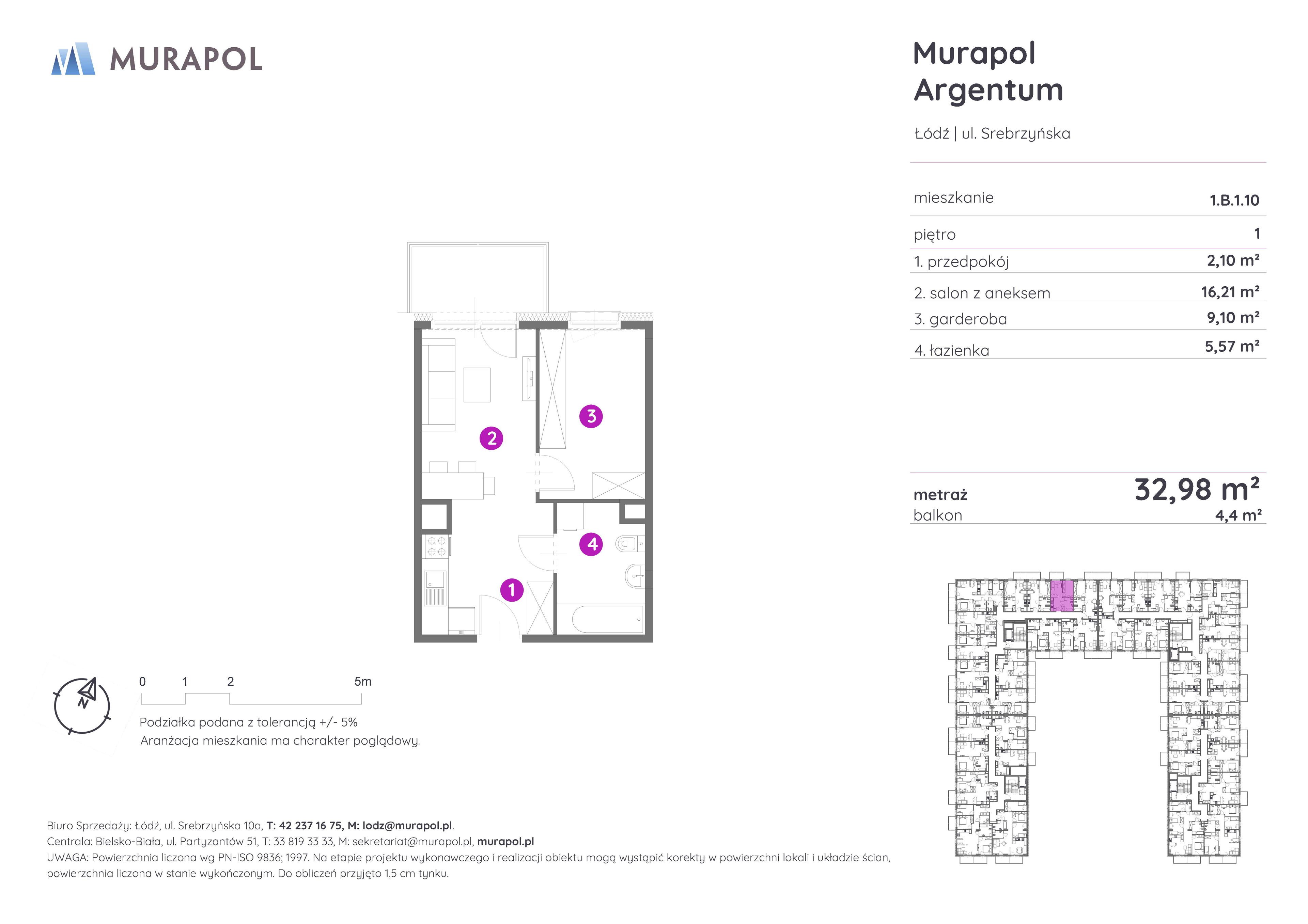 Mieszkanie 32,98 m², piętro 1, oferta nr 1.B.1.10, Murapol Argentum, Łódź, Polesie, Stare Polesie, ul. Srebrzyńska-idx