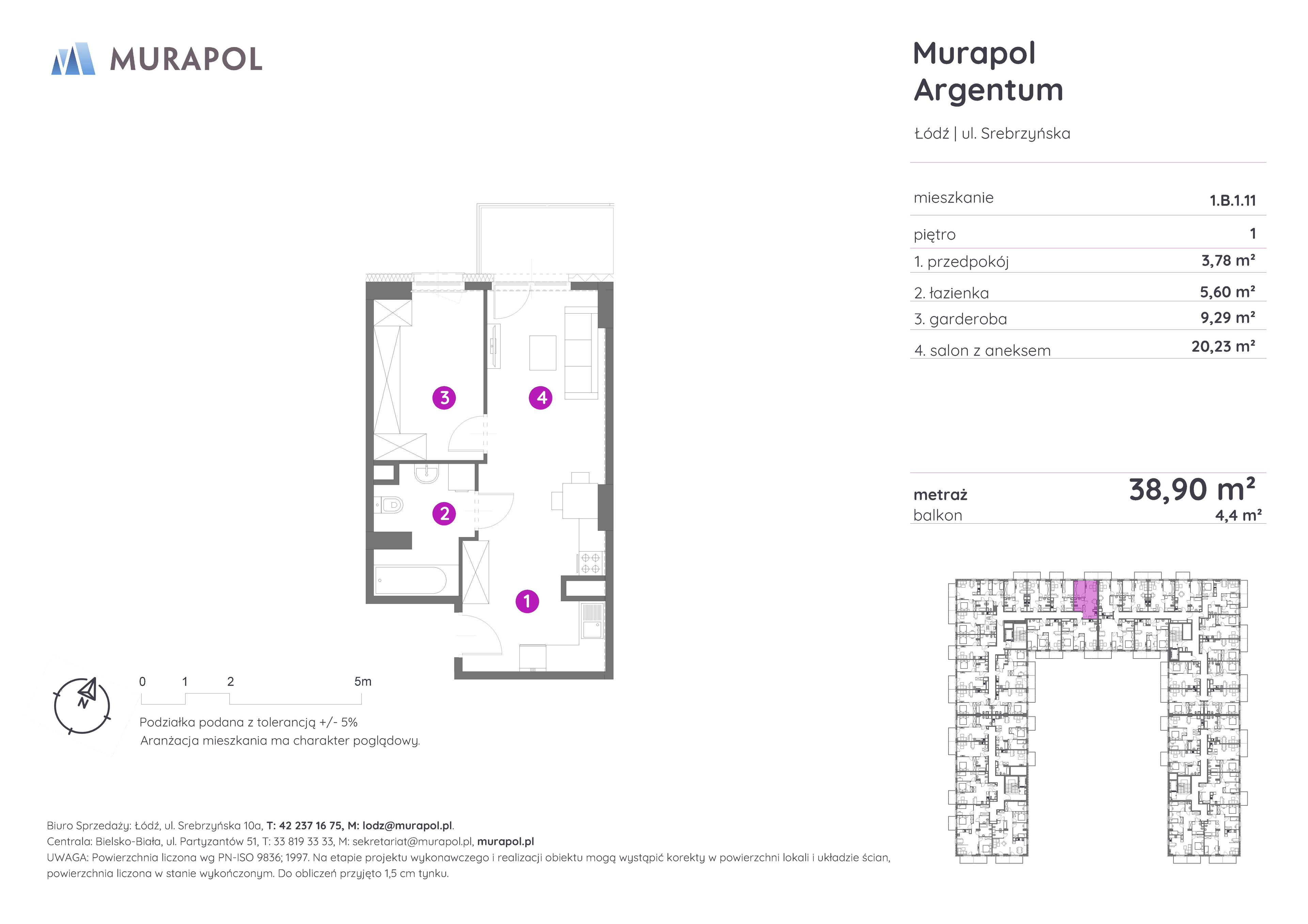 Mieszkanie 38,90 m², piętro 1, oferta nr 1.B.1.11, Murapol Argentum, Łódź, Polesie, Stare Polesie, ul. Srebrzyńska-idx