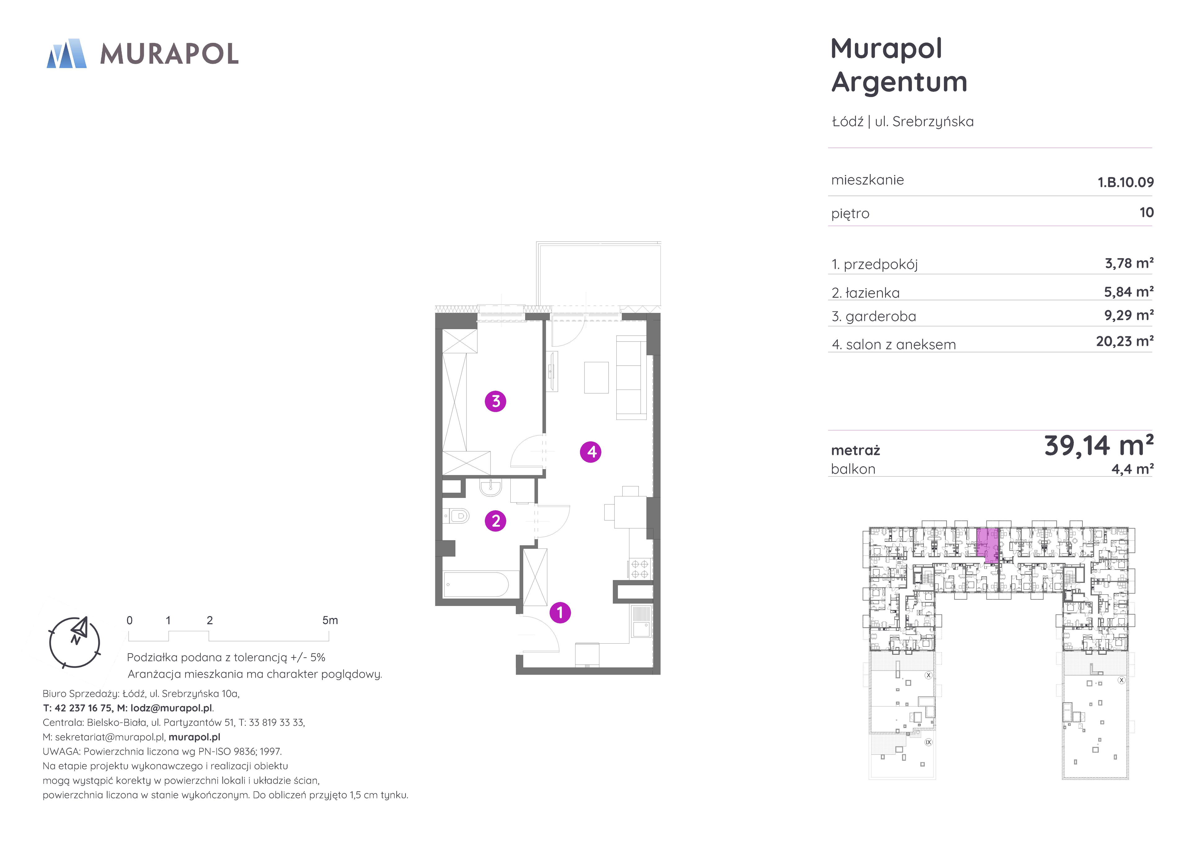 Mieszkanie 39,14 m², piętro 10, oferta nr 1.B.10.09, Murapol Argentum, Łódź, Polesie, Stare Polesie, ul. Srebrzyńska-idx