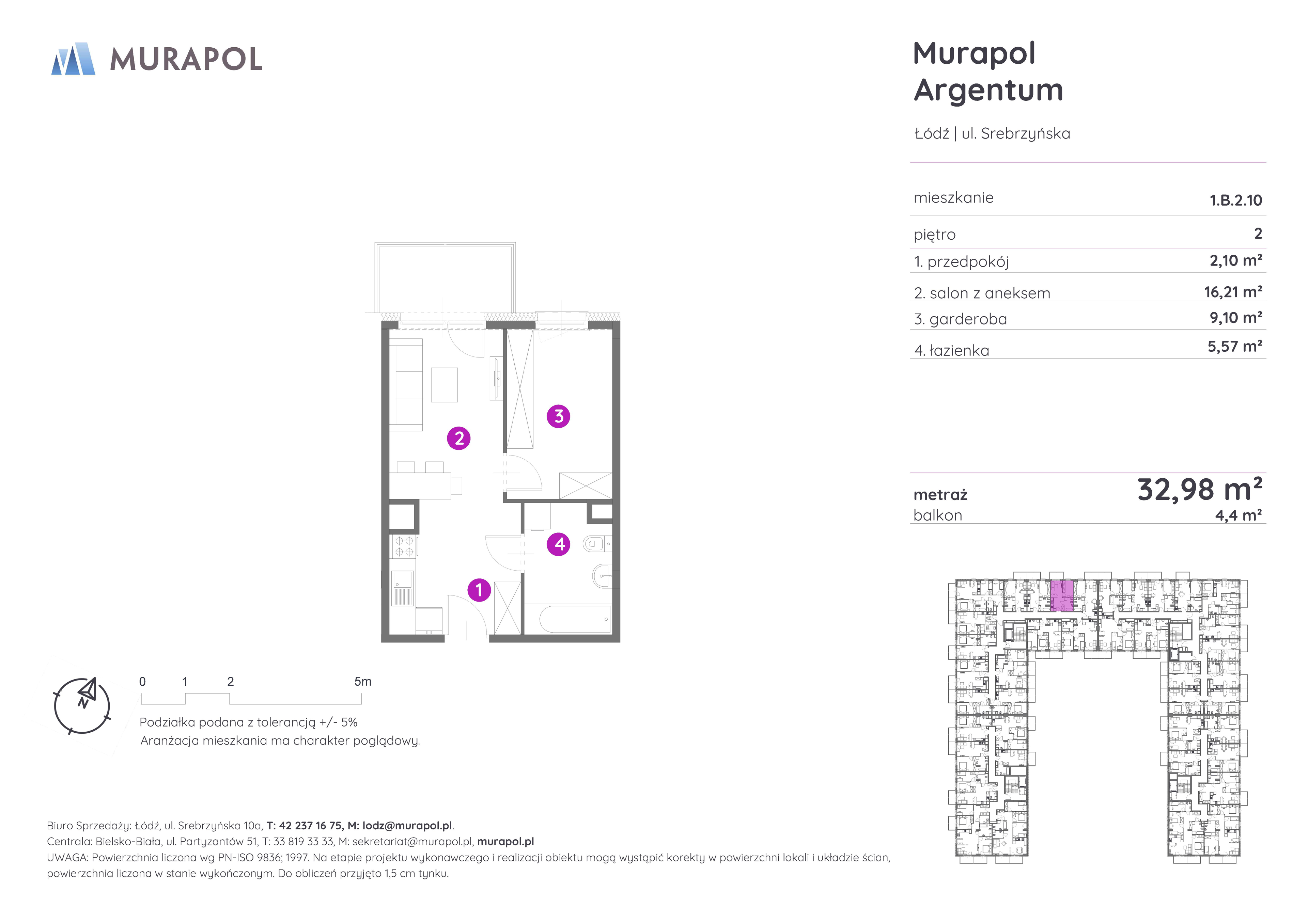 Mieszkanie 32,98 m², piętro 2, oferta nr 1.B.2.10, Murapol Argentum, Łódź, Polesie, Stare Polesie, ul. Srebrzyńska-idx