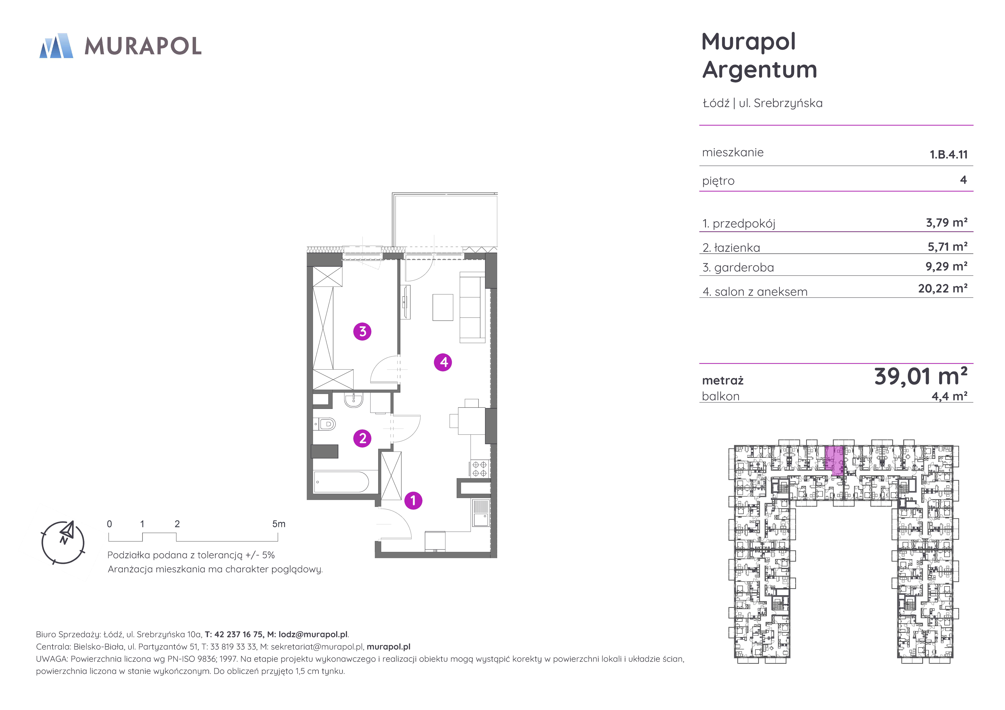 Mieszkanie 39,01 m², piętro 4, oferta nr 1.B.4.11, Murapol Argentum, Łódź, Polesie, Stare Polesie, ul. Srebrzyńska-idx