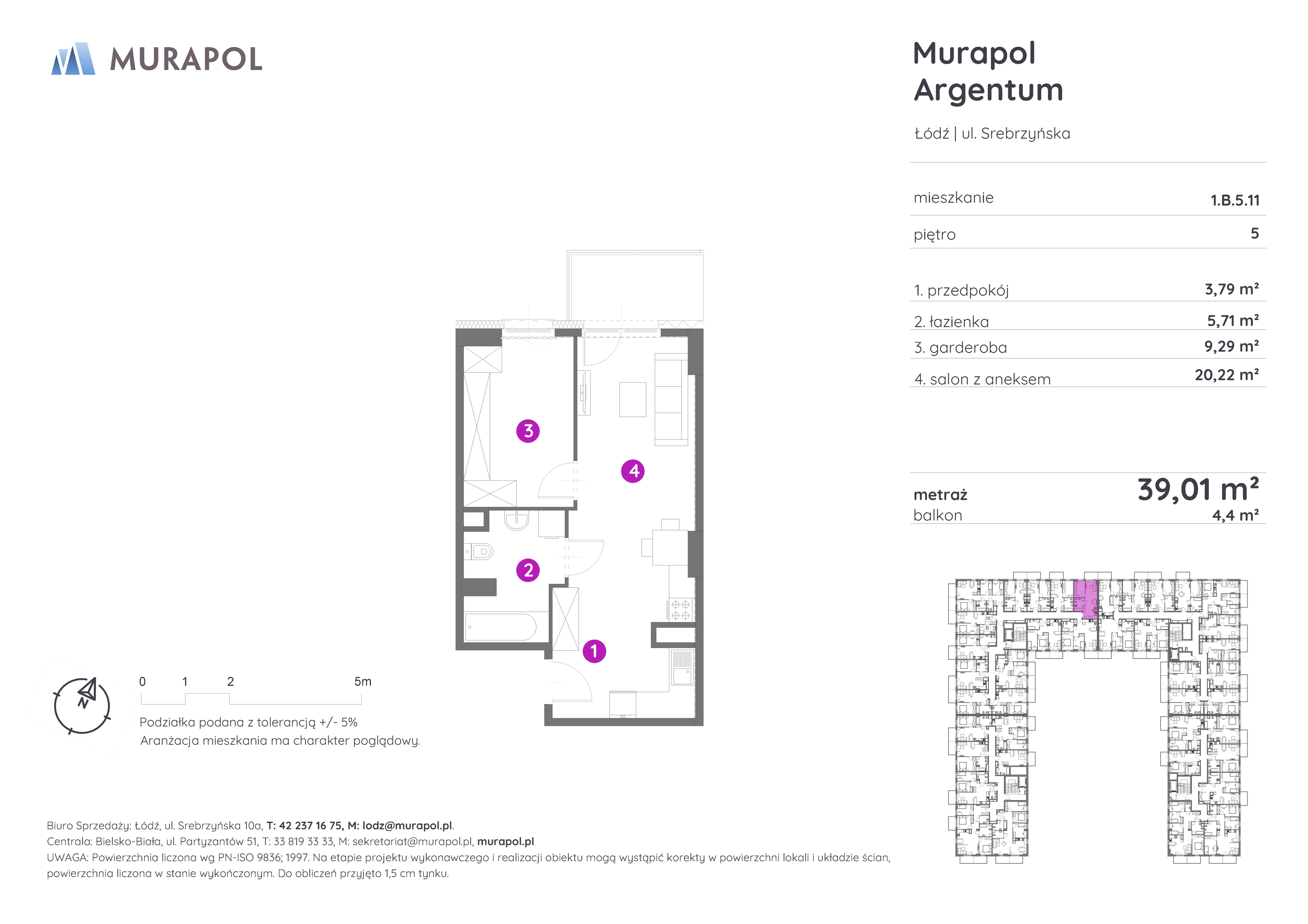 Mieszkanie 39,01 m², piętro 5, oferta nr 1.B.5.11, Murapol Argentum, Łódź, Polesie, Stare Polesie, ul. Srebrzyńska-idx