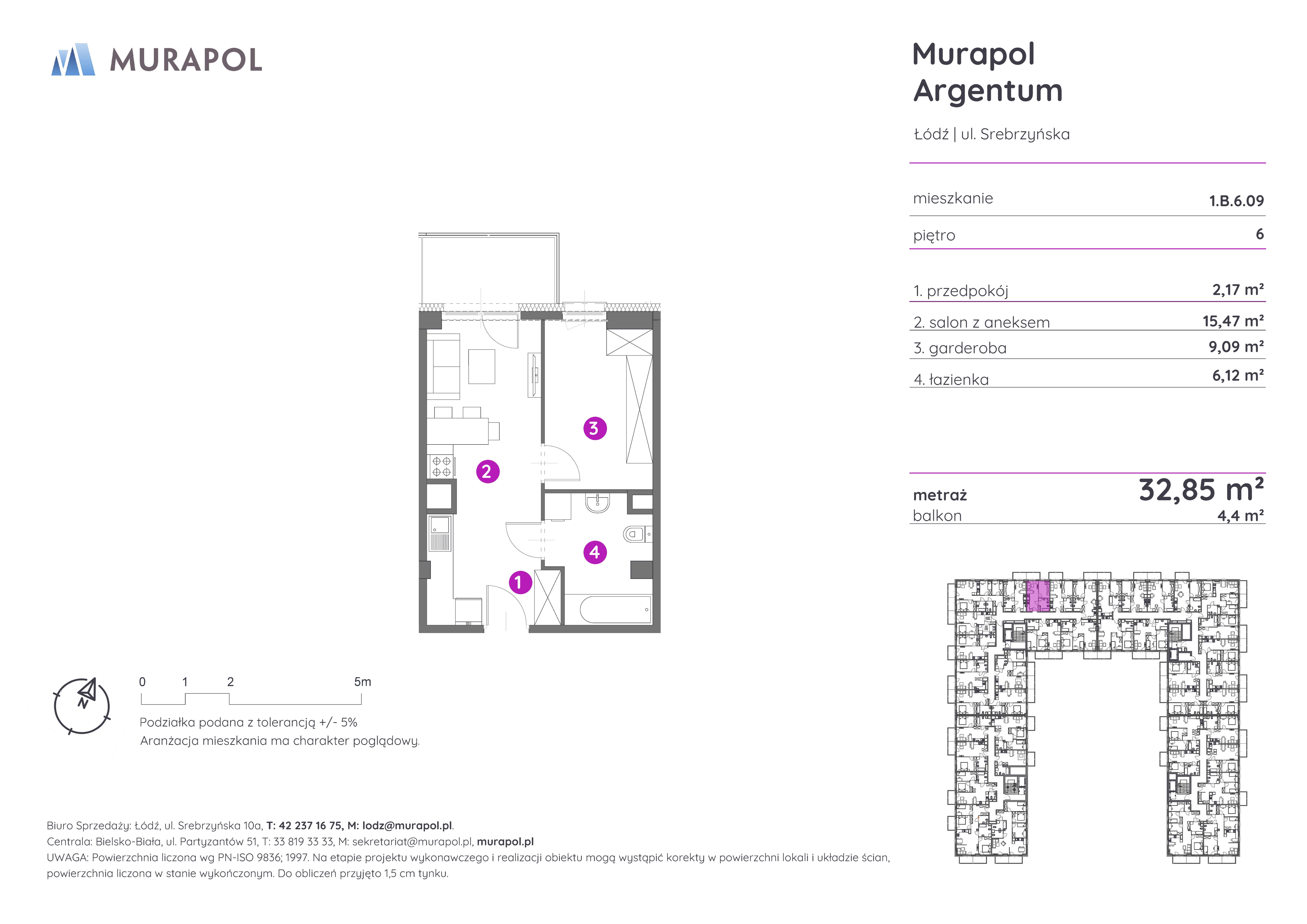 Mieszkanie 32,85 m², piętro 6, oferta nr 1.B.6.09, Murapol Argentum, Łódź, Polesie, Stare Polesie, ul. Srebrzyńska-idx