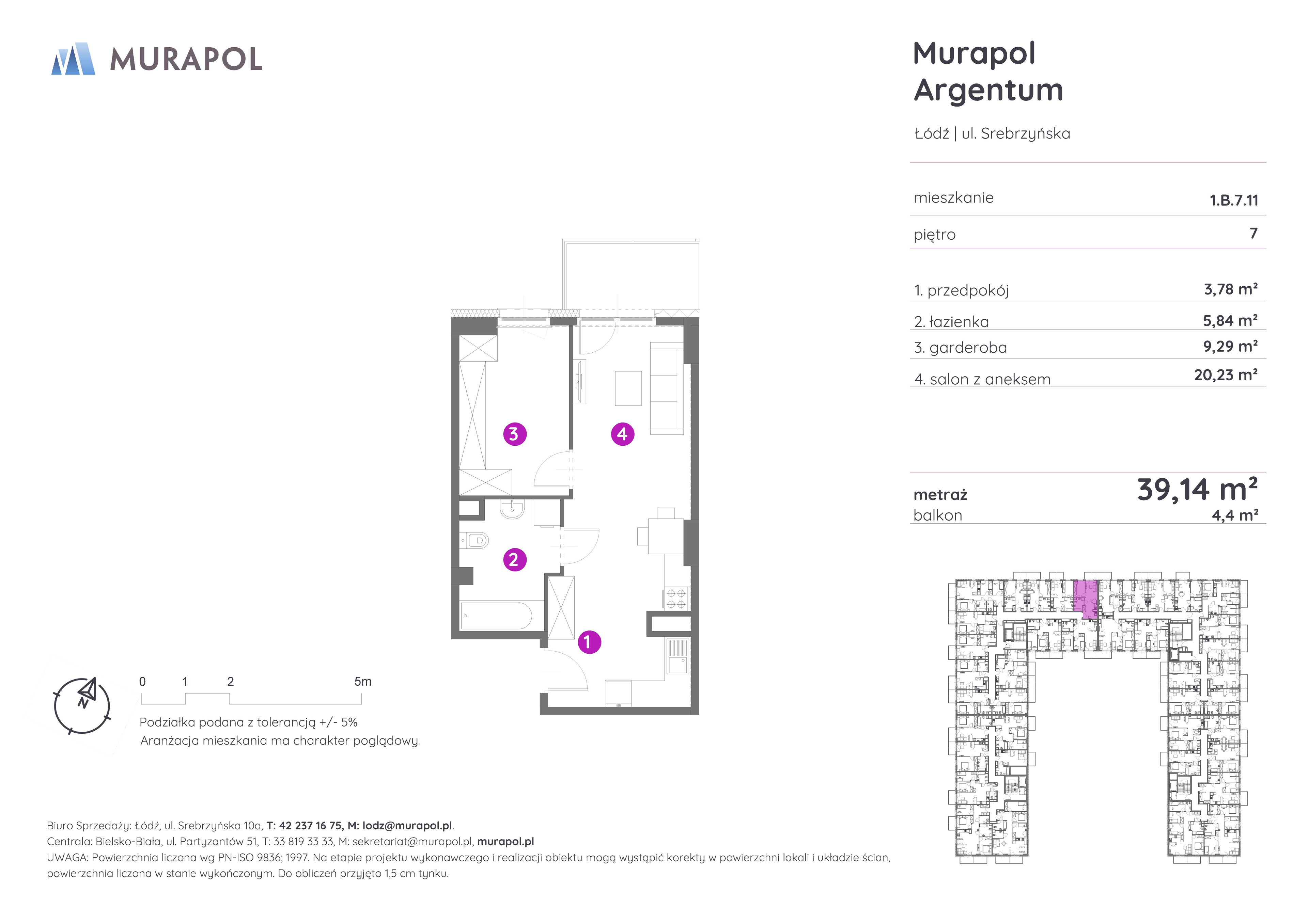 Mieszkanie 39,14 m², piętro 7, oferta nr 1.B.7.11, Murapol Argentum, Łódź, Polesie, Stare Polesie, ul. Srebrzyńska-idx