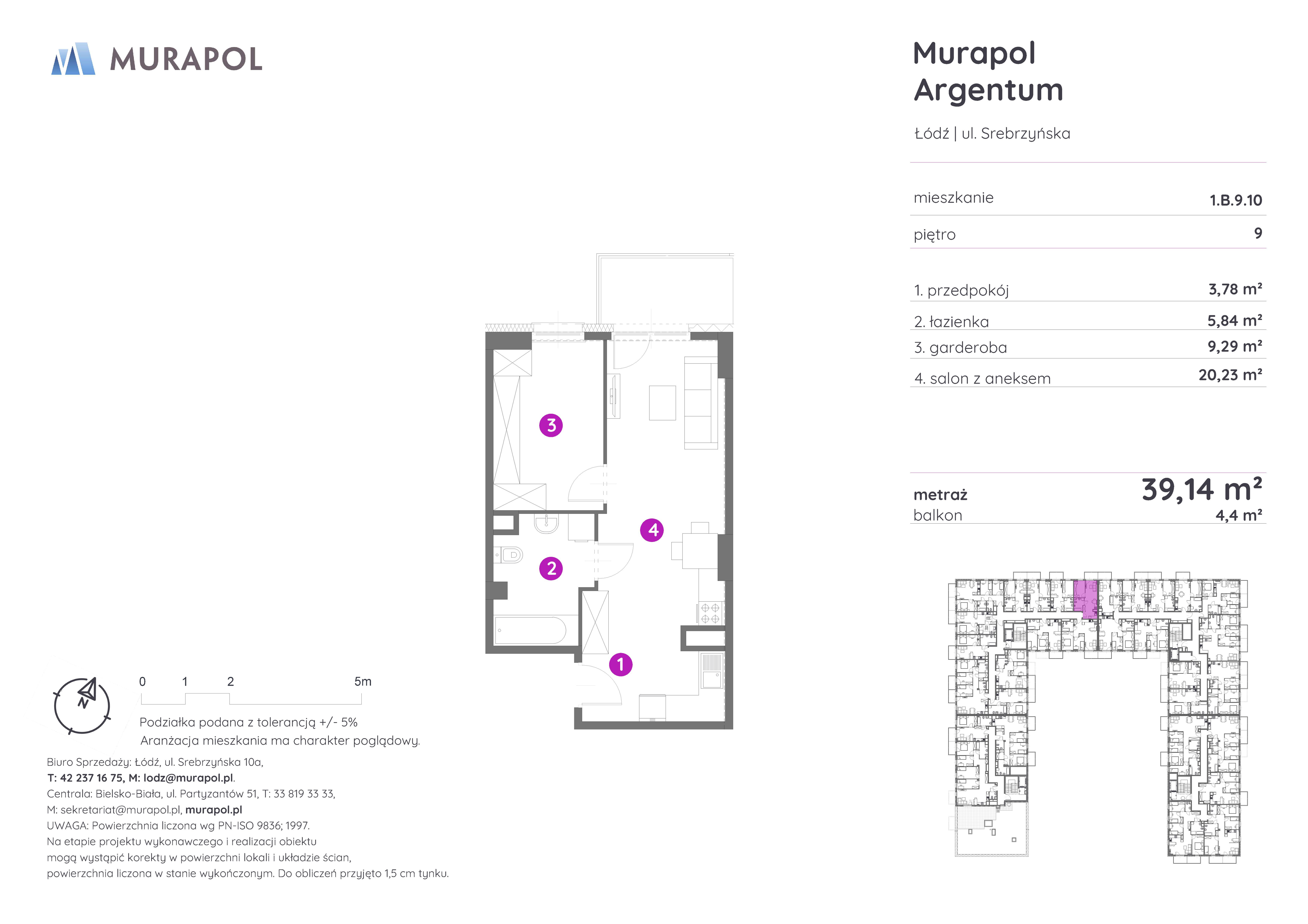 Mieszkanie 39,14 m², piętro 9, oferta nr 1.B.9.10, Murapol Argentum, Łódź, Polesie, Stare Polesie, ul. Srebrzyńska-idx