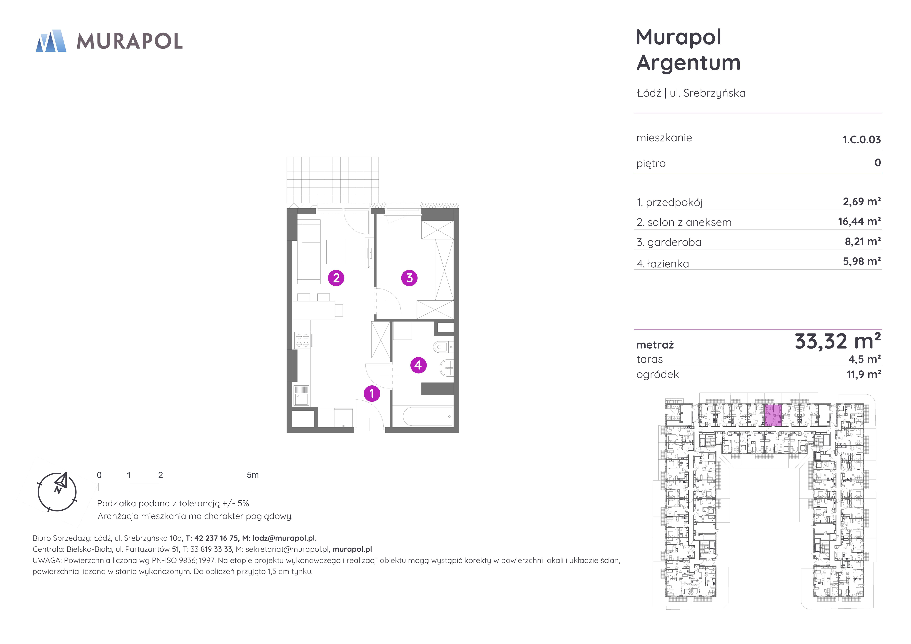 Mieszkanie 33,32 m², parter, oferta nr 1.C.0.03, Murapol Argentum, Łódź, Polesie, Stare Polesie, ul. Srebrzyńska-idx