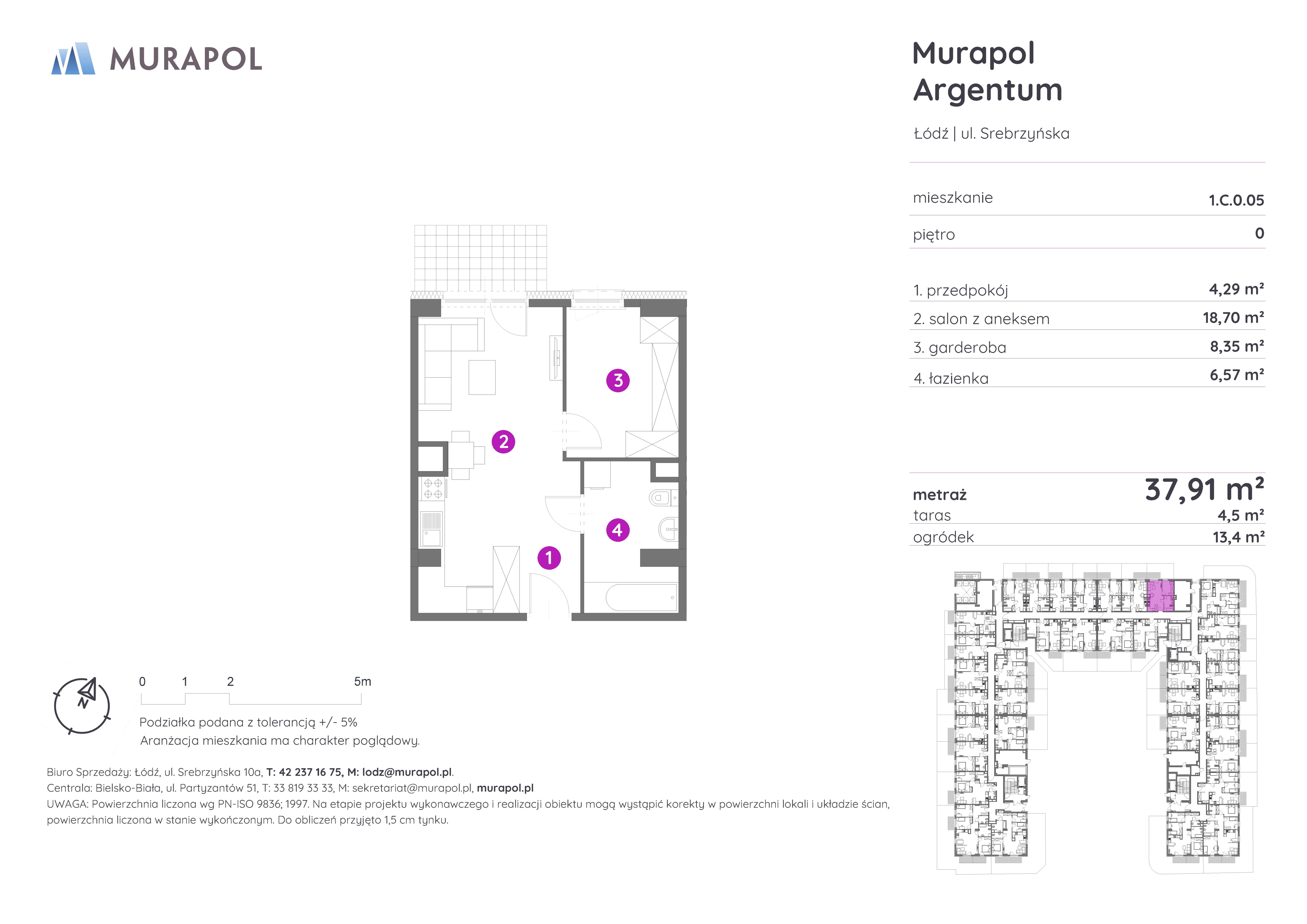 Mieszkanie 37,91 m², parter, oferta nr 1.C.0.05, Murapol Argentum, Łódź, Polesie, Stare Polesie, ul. Srebrzyńska-idx