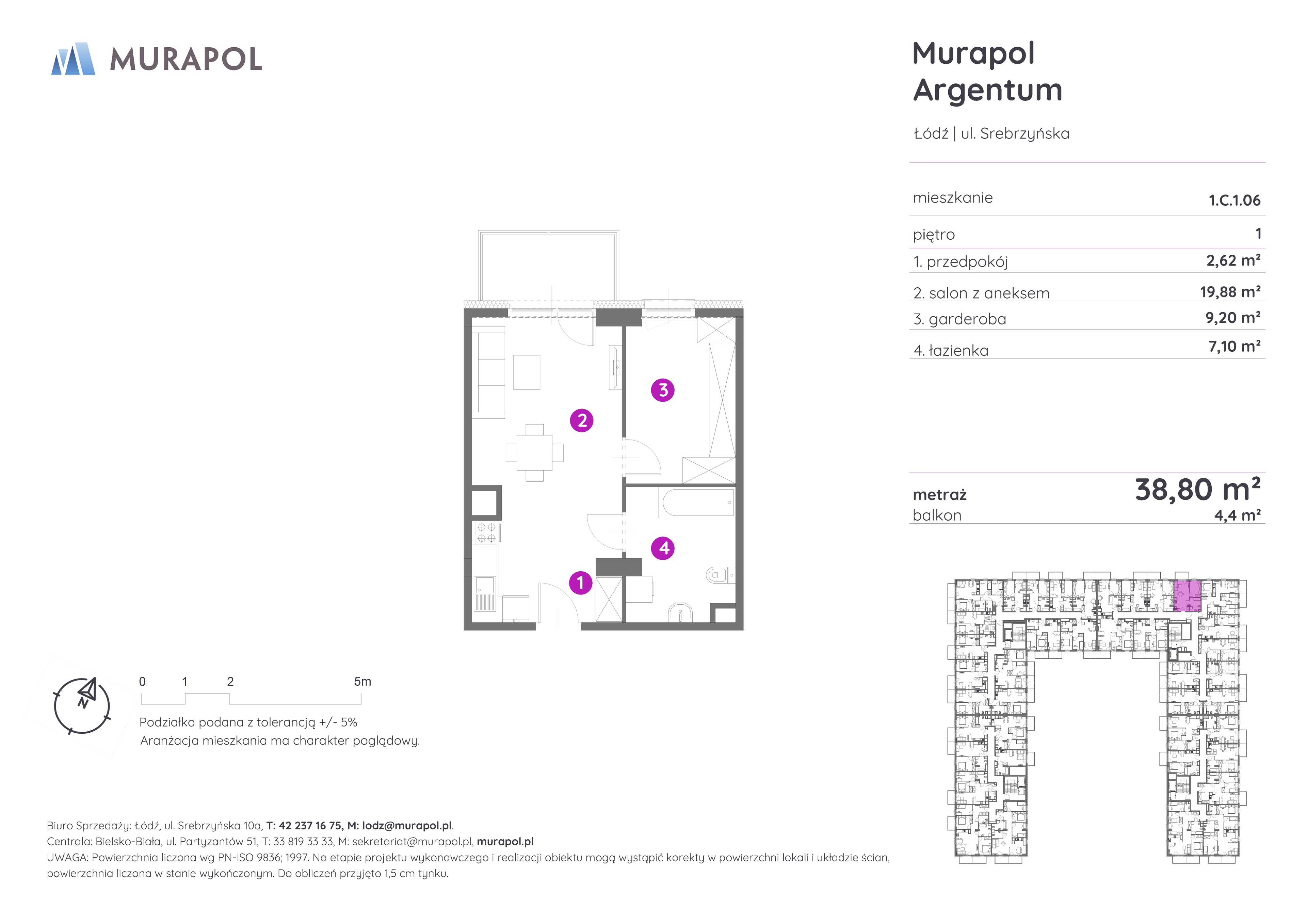 Mieszkanie 38,80 m², piętro 1, oferta nr 1.C.1.06, Murapol Argentum, Łódź, Polesie, Stare Polesie, ul. Srebrzyńska-idx