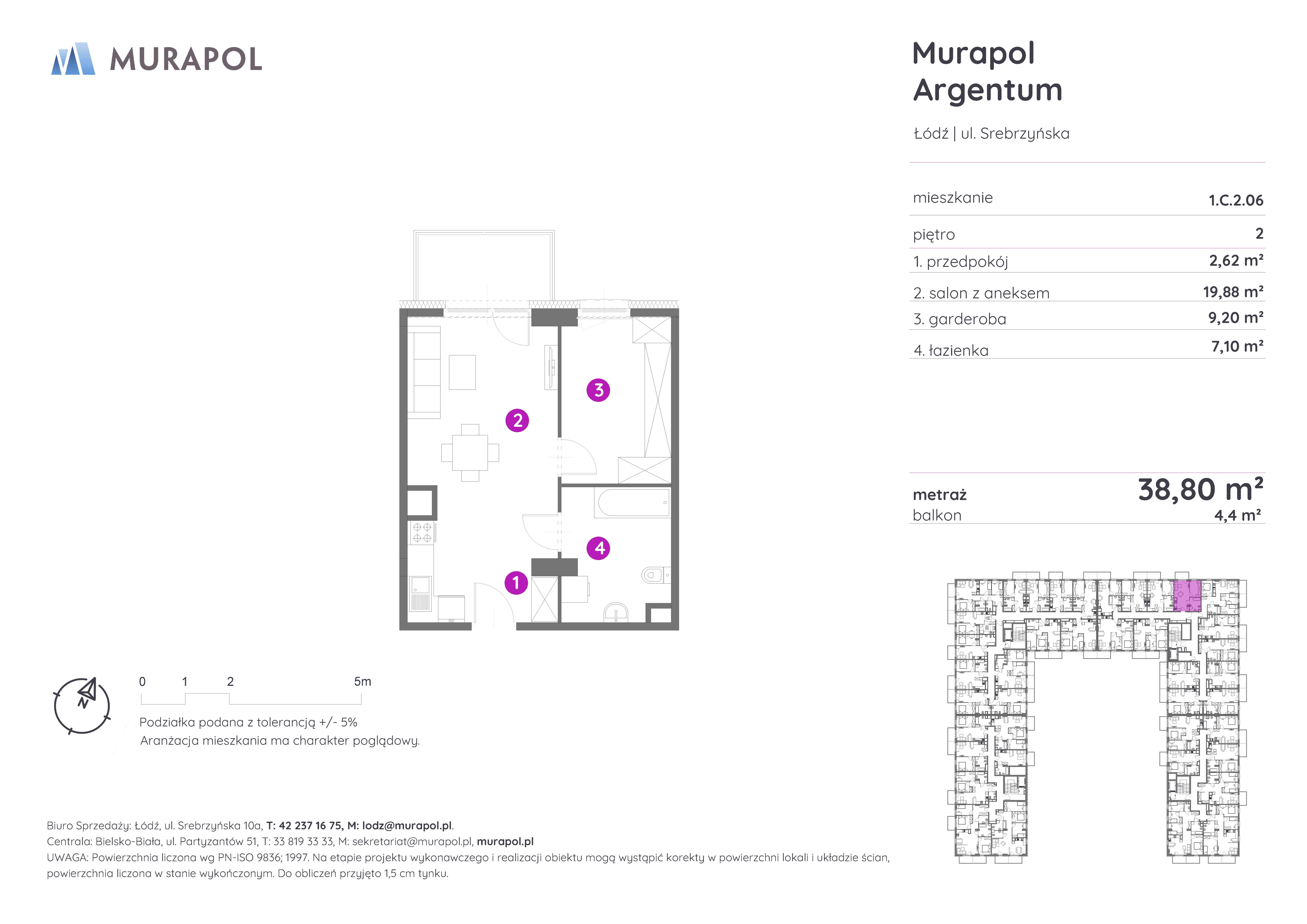 Mieszkanie 38,80 m², piętro 2, oferta nr 1.C.2.06, Murapol Argentum, Łódź, Polesie, Stare Polesie, ul. Srebrzyńska-idx