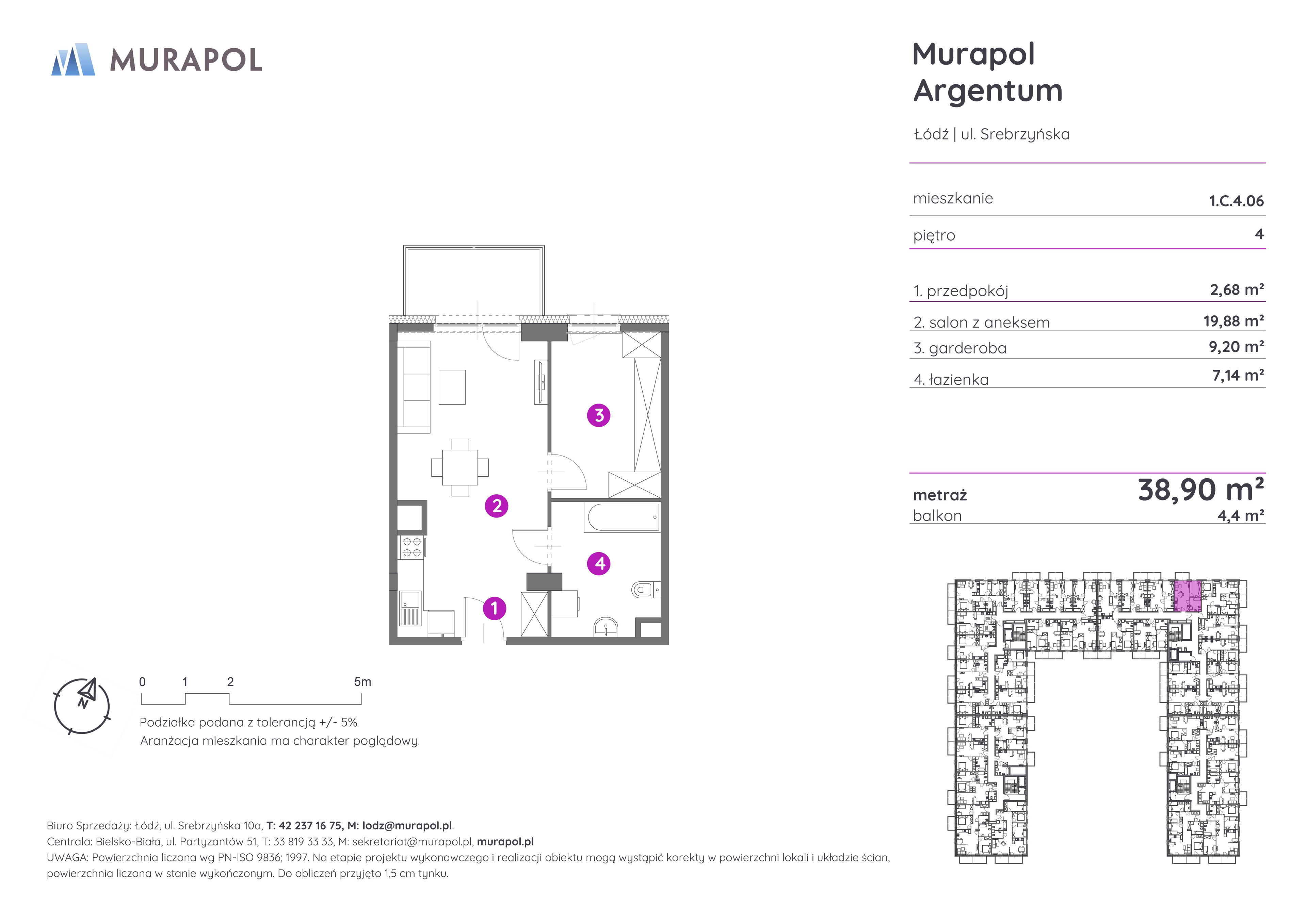 Mieszkanie 38,90 m², piętro 4, oferta nr 1.C.4.06, Murapol Argentum, Łódź, Polesie, Stare Polesie, ul. Srebrzyńska-idx