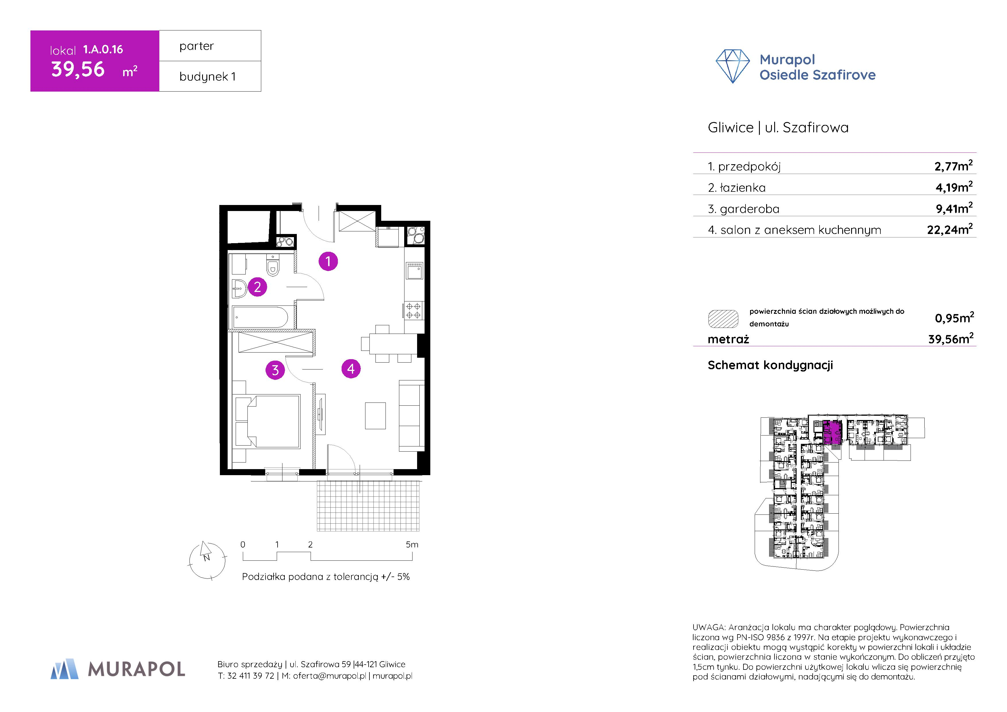 Mieszkanie 39,56 m², parter, oferta nr 1.A.0.16, Murapol Osiedle Szafirove, Gliwice, Stare Gliwice, ul. Szafirowa-idx