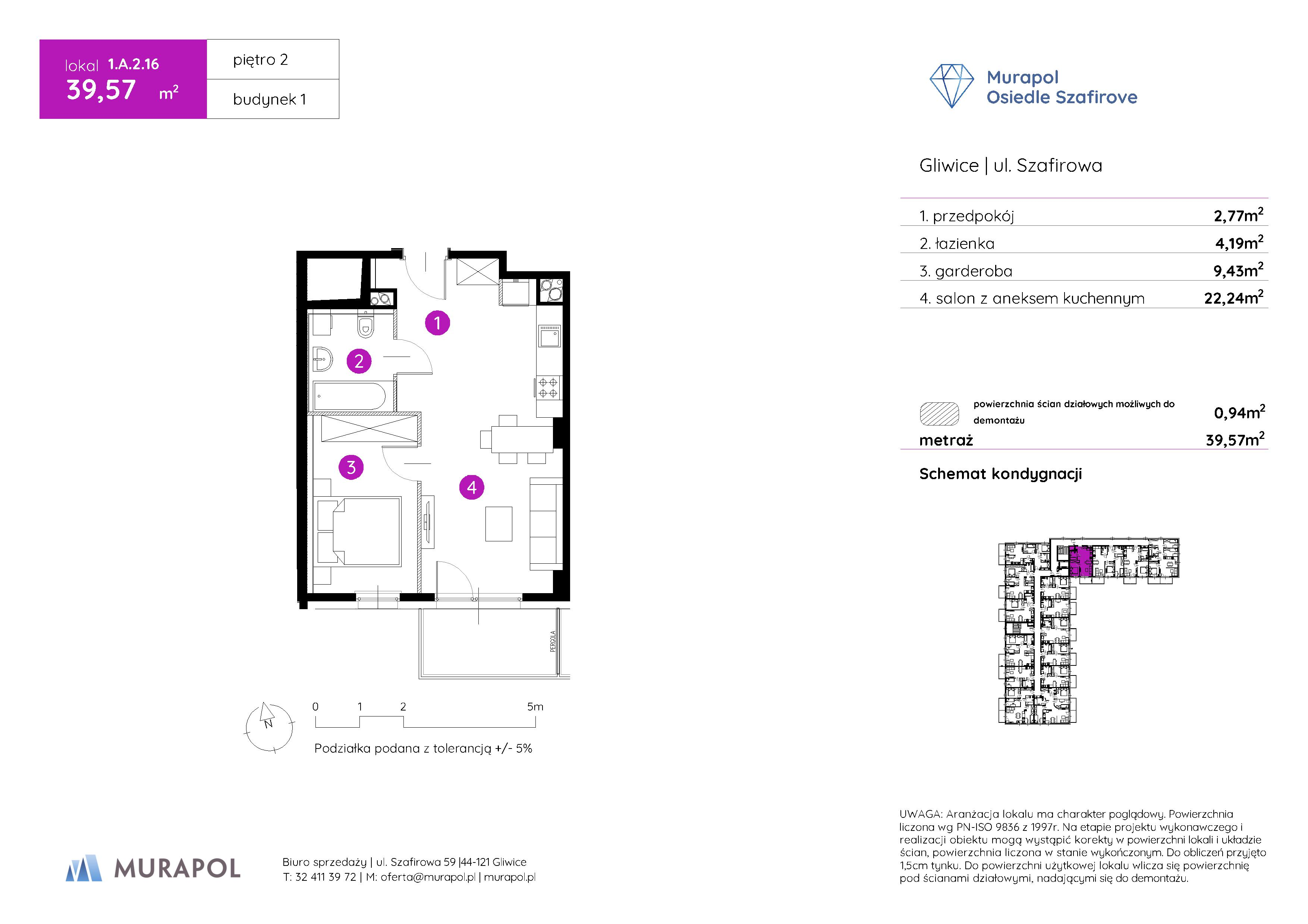 Mieszkanie 39,57 m², piętro 2, oferta nr 1.A.2.16, Murapol Osiedle Szafirove, Gliwice, Stare Gliwice, ul. Szafirowa-idx