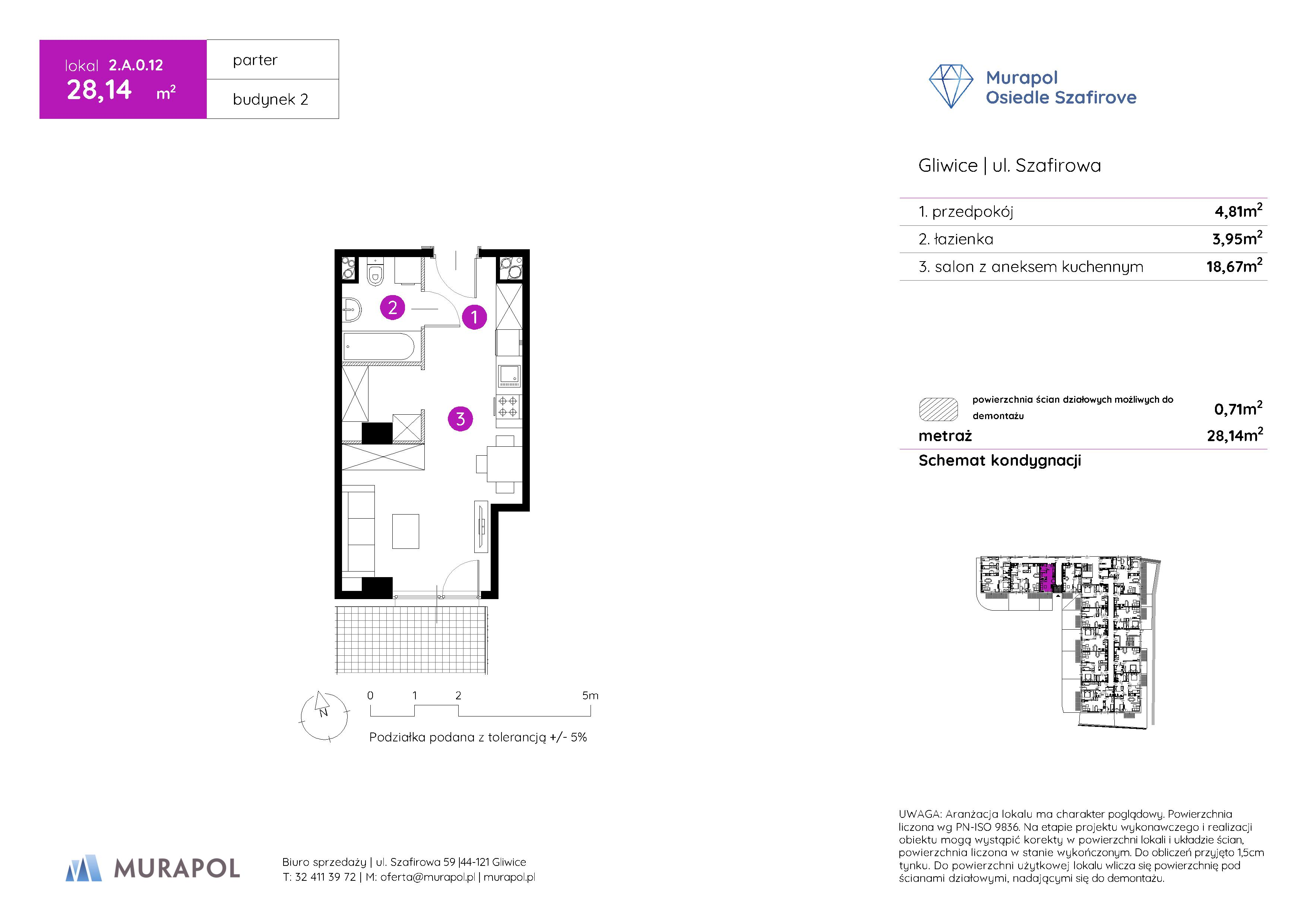 Mieszkanie 28,14 m², parter, oferta nr 2.A.0.12, Murapol Osiedle Szafirove, Gliwice, Stare Gliwice, ul. Szafirowa-idx