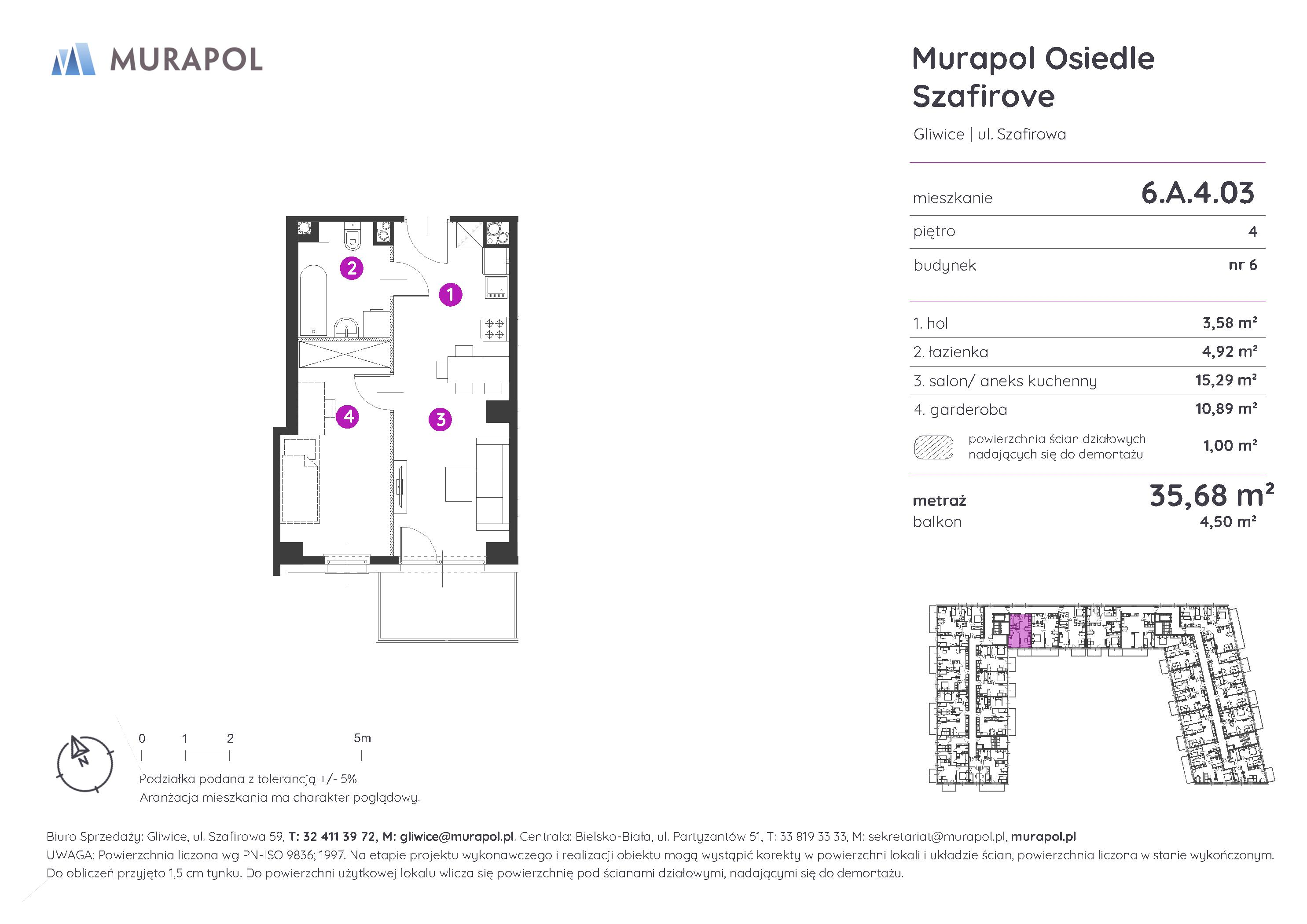 Mieszkanie 35,68 m², piętro 4, oferta nr 6.A.4.03, Murapol Osiedle Szafirove, Gliwice, Stare Gliwice, ul. Szafirowa-idx