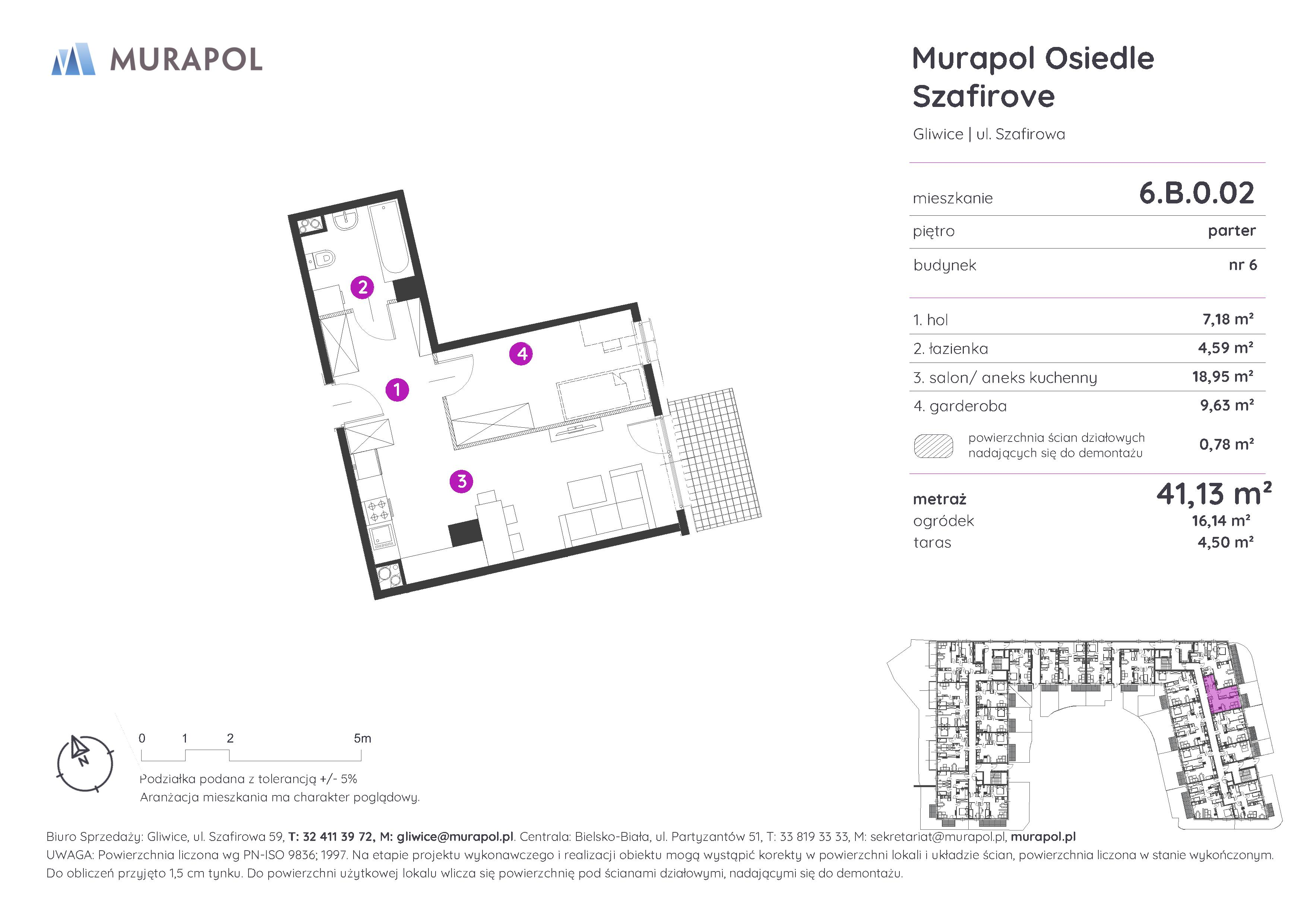 Mieszkanie 41,13 m², parter, oferta nr 6.B.0.02, Murapol Osiedle Szafirove, Gliwice, Stare Gliwice, ul. Szafirowa-idx