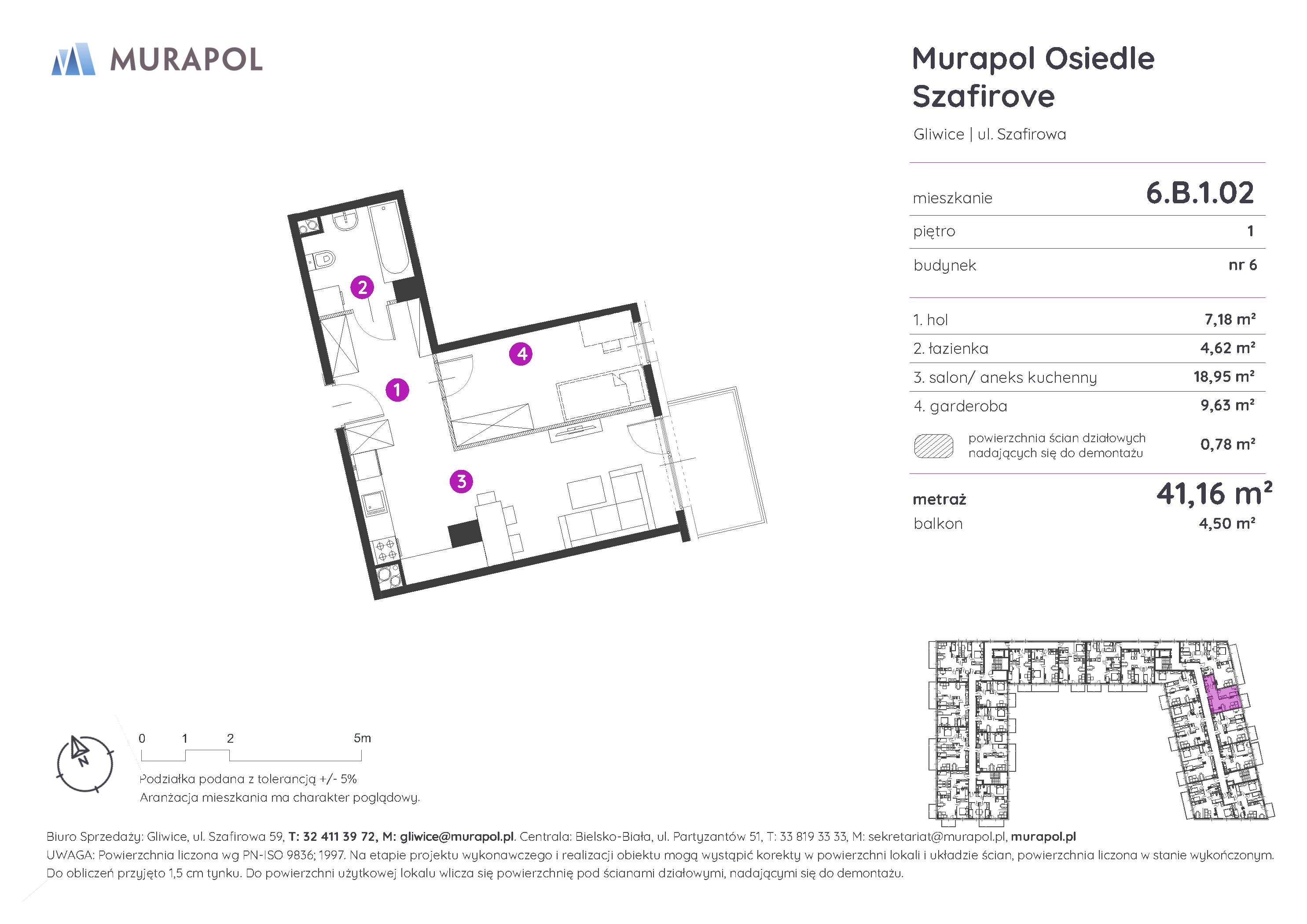 Mieszkanie 41,16 m², piętro 1, oferta nr 6.B.1.02, Murapol Osiedle Szafirove, Gliwice, Stare Gliwice, ul. Szafirowa-idx