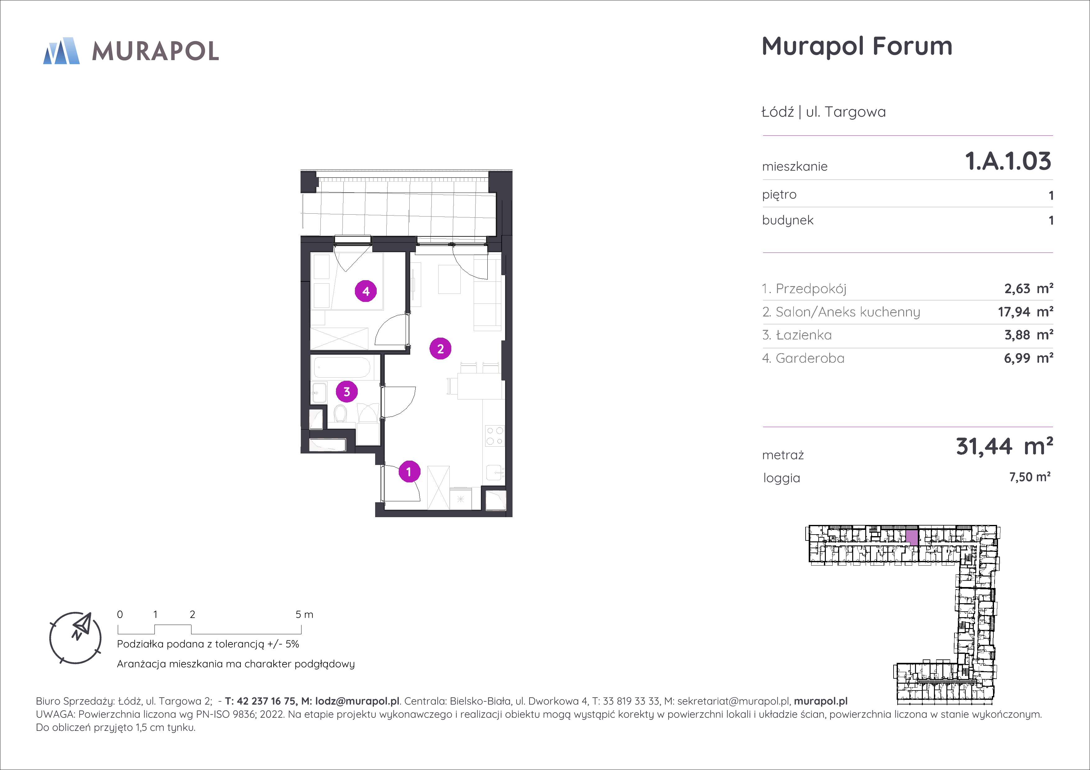 Mieszkanie 31,44 m², piętro 1, oferta nr 1.A.1.03, Murapol Forum, Łódź, Śródmieście, ul. Targowa-idx