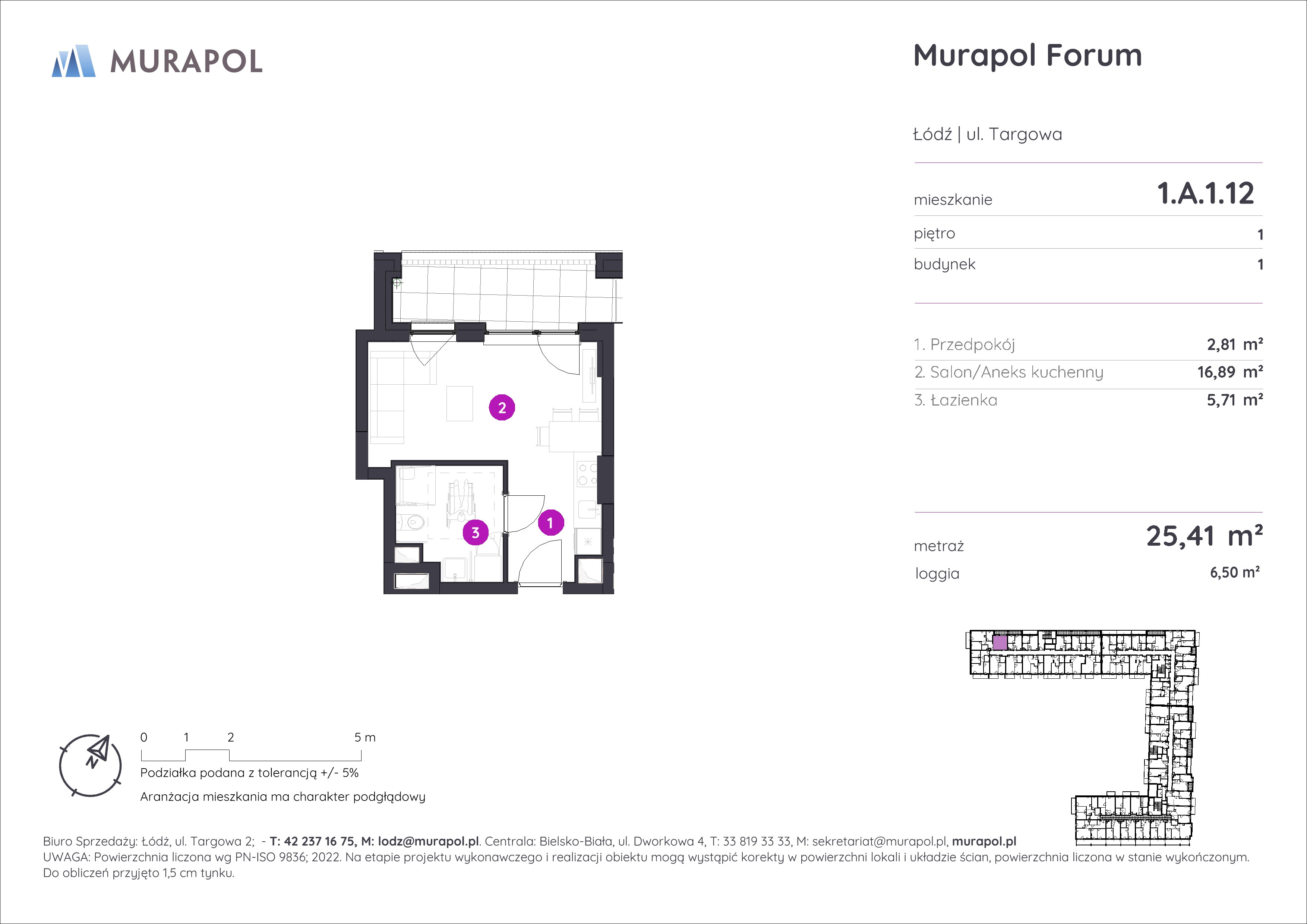 Mieszkanie 25,41 m², piętro 1, oferta nr 1.A.1.12, Murapol Forum, Łódź, Śródmieście, ul. Targowa-idx