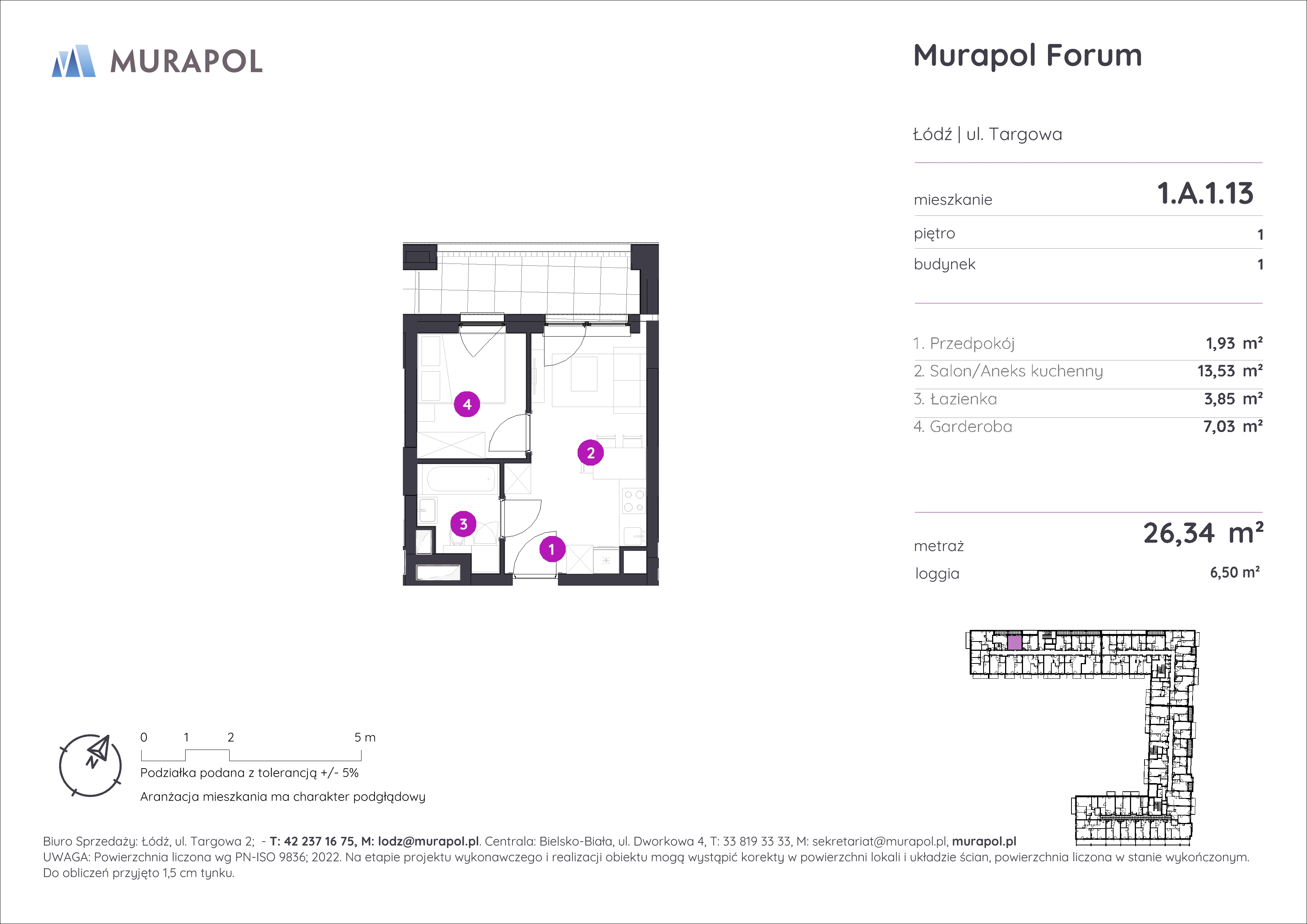 Mieszkanie 26,34 m², piętro 1, oferta nr 1.A.1.13, Murapol Forum, Łódź, Śródmieście, ul. Targowa-idx