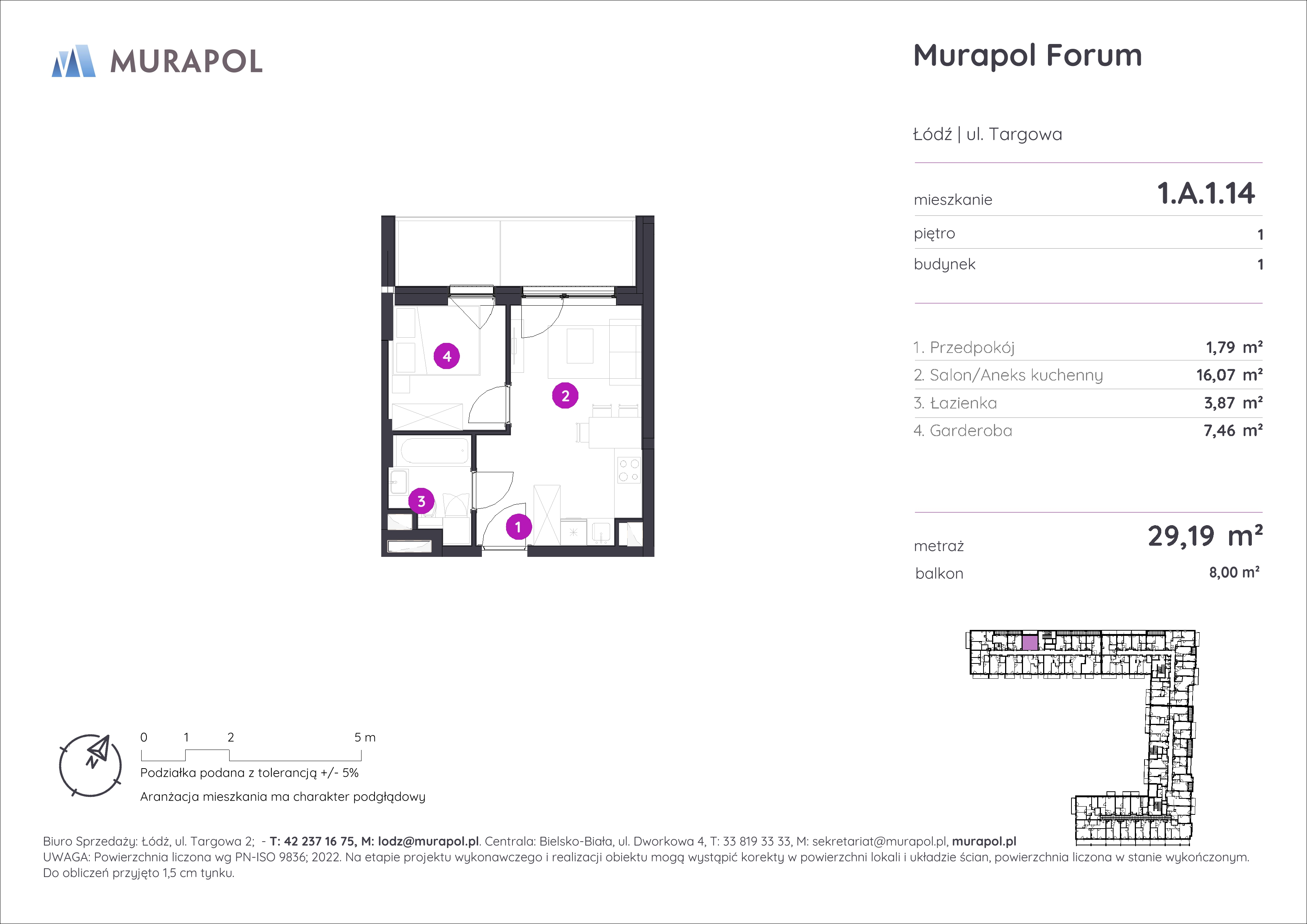 Mieszkanie 29,19 m², piętro 1, oferta nr 1.A.1.14, Murapol Forum, Łódź, Śródmieście, ul. Targowa-idx