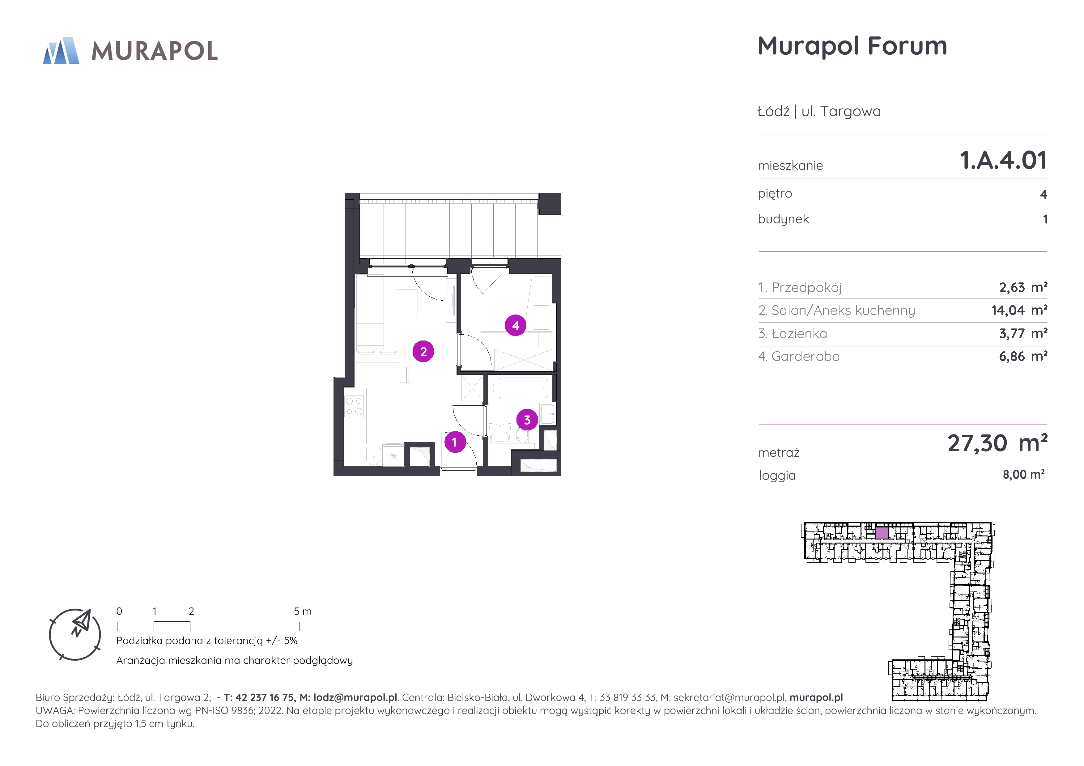 Mieszkanie 27,30 m², piętro 4, oferta nr 1.A.4.01, Murapol Forum, Łódź, Śródmieście, ul. Targowa-idx