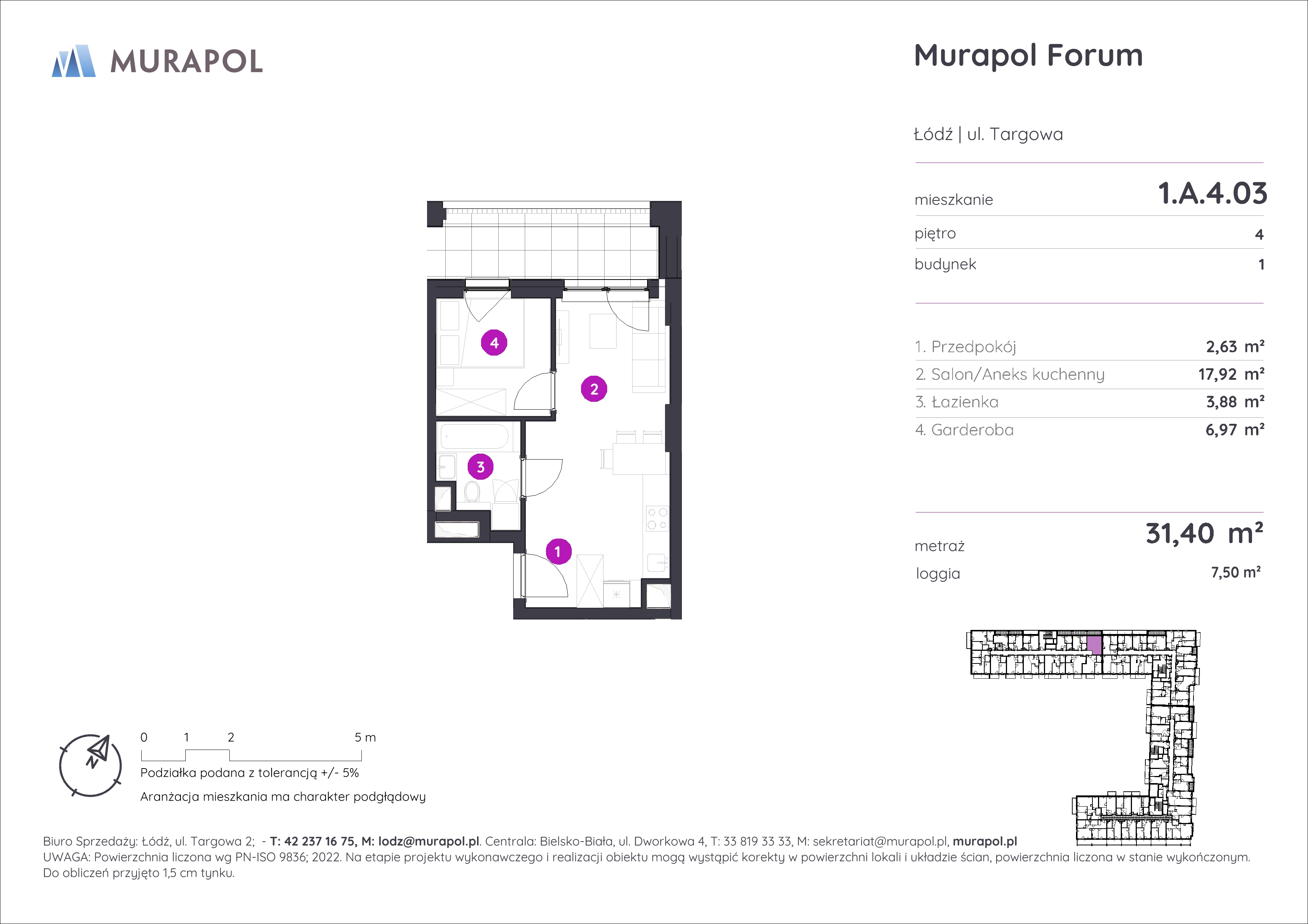 Mieszkanie 31,40 m², piętro 4, oferta nr 1.A.4.03, Murapol Forum, Łódź, Śródmieście, ul. Targowa-idx