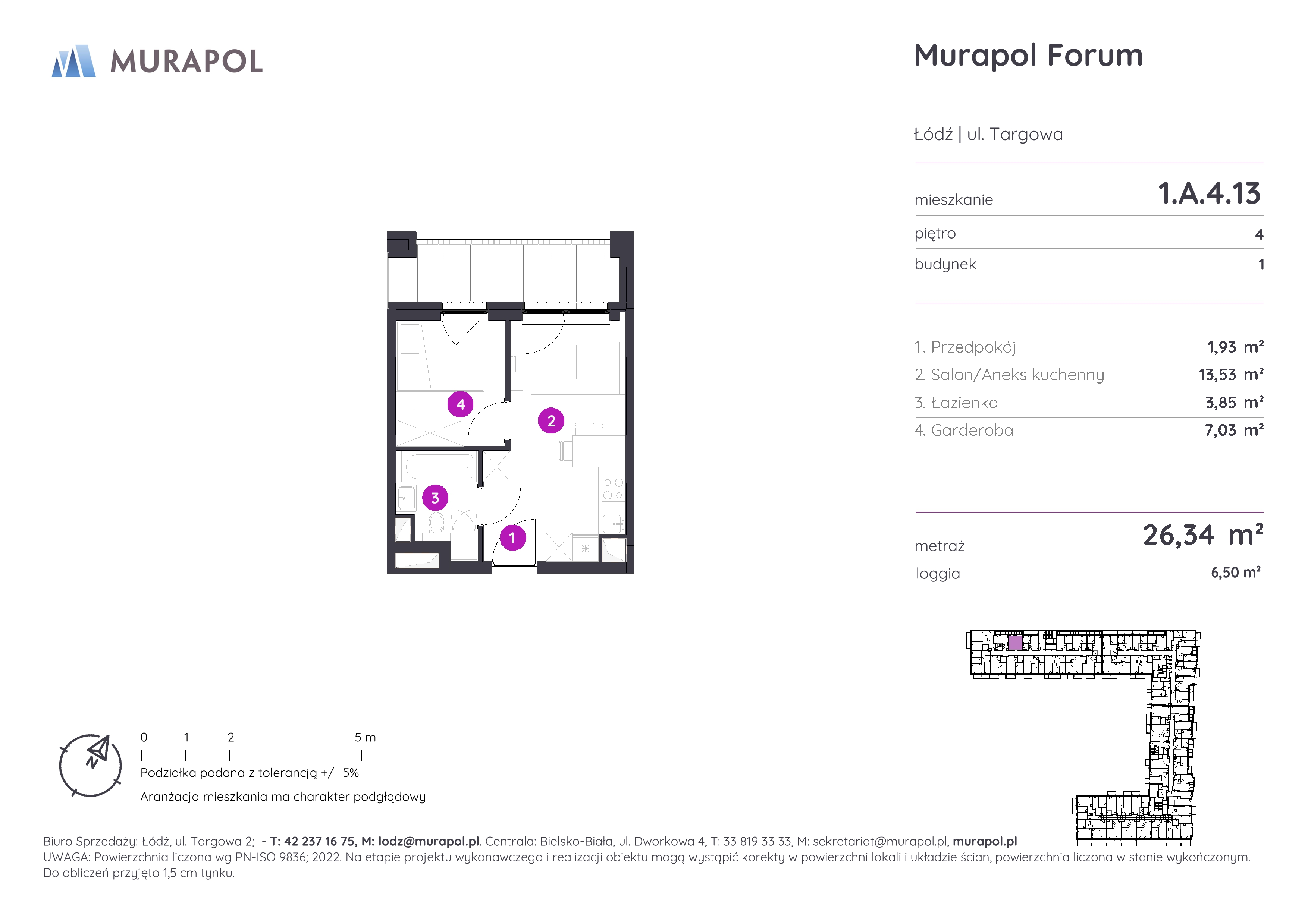 Mieszkanie 26,34 m², piętro 4, oferta nr 1.A.4.13, Murapol Forum, Łódź, Śródmieście, ul. Targowa-idx