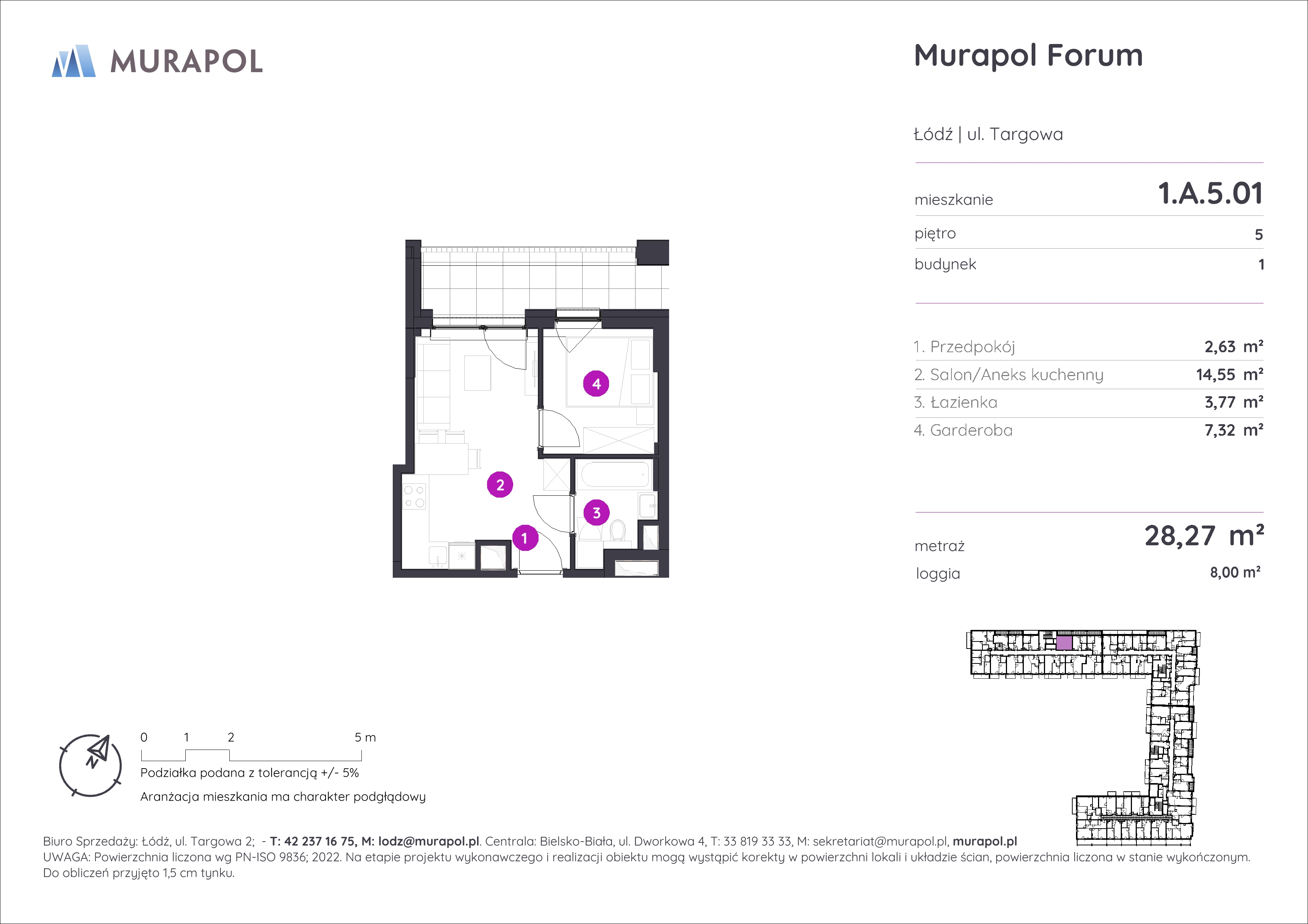 Mieszkanie 28,27 m², piętro 5, oferta nr 1.A.5.01, Murapol Forum, Łódź, Śródmieście, ul. Targowa-idx