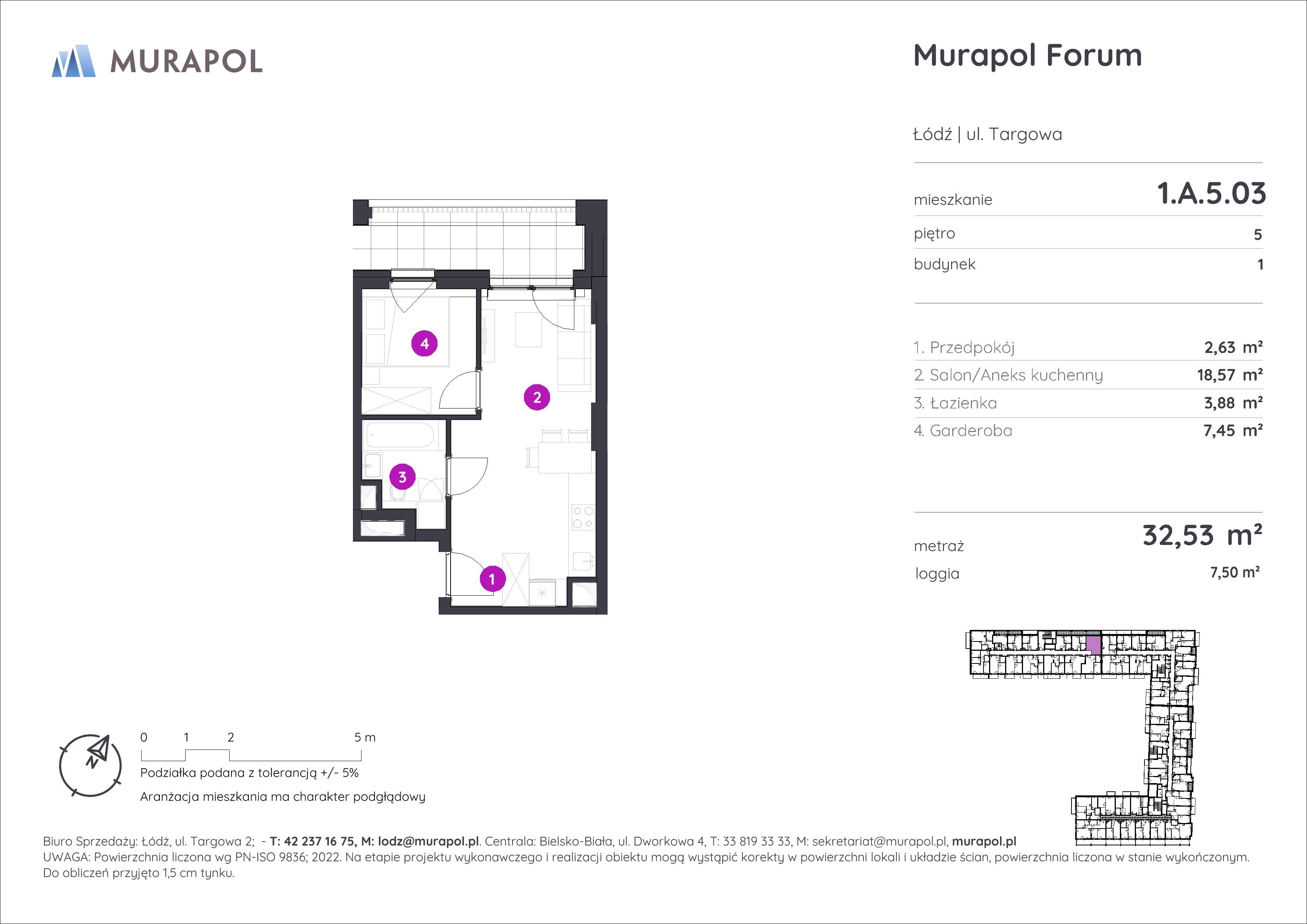 Mieszkanie 32,53 m², piętro 5, oferta nr 1.A.5.03, Murapol Forum, Łódź, Śródmieście, ul. Targowa-idx