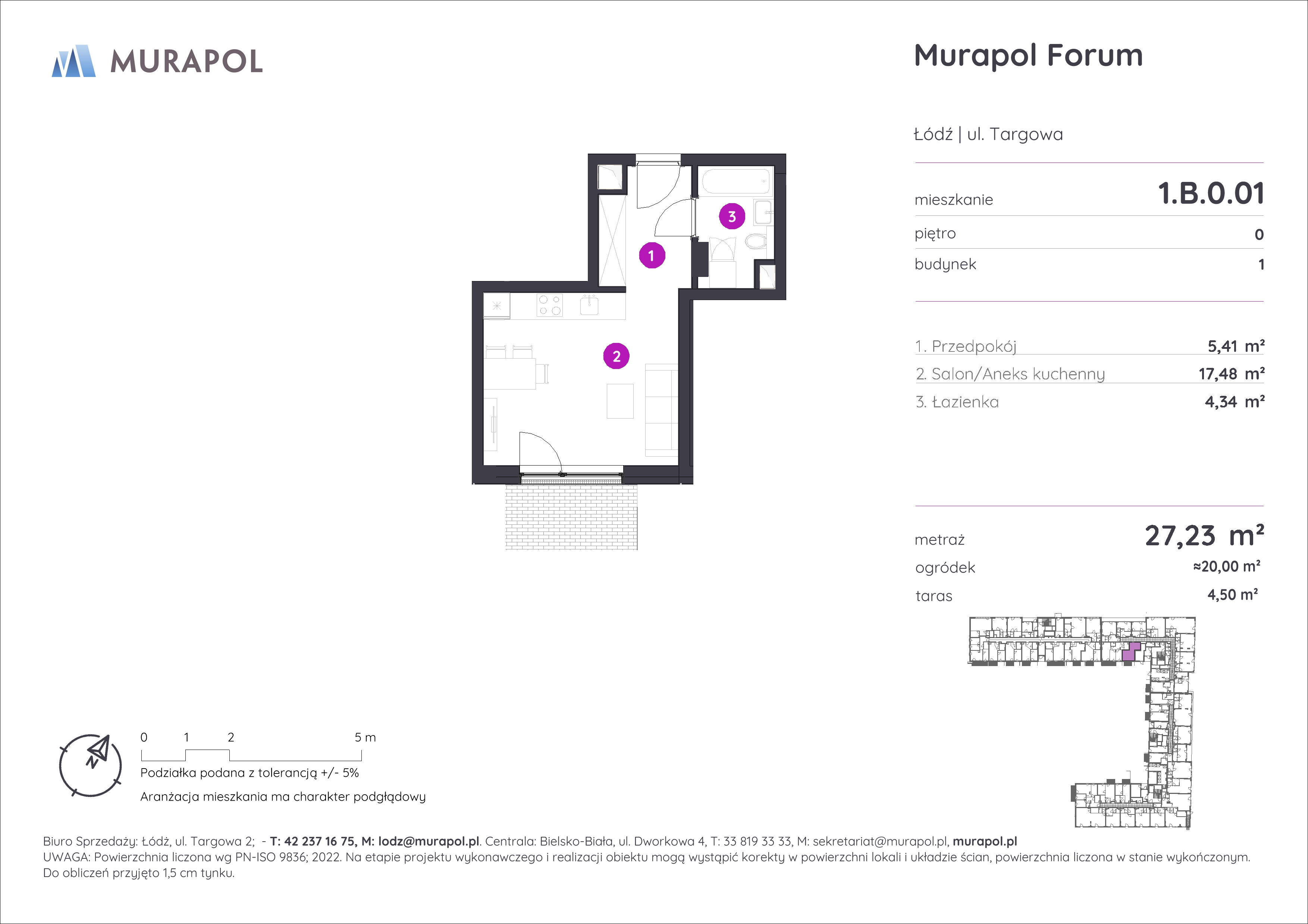 Mieszkanie 27,23 m², parter, oferta nr 1.B.0.01, Murapol Forum, Łódź, Śródmieście, ul. Targowa-idx