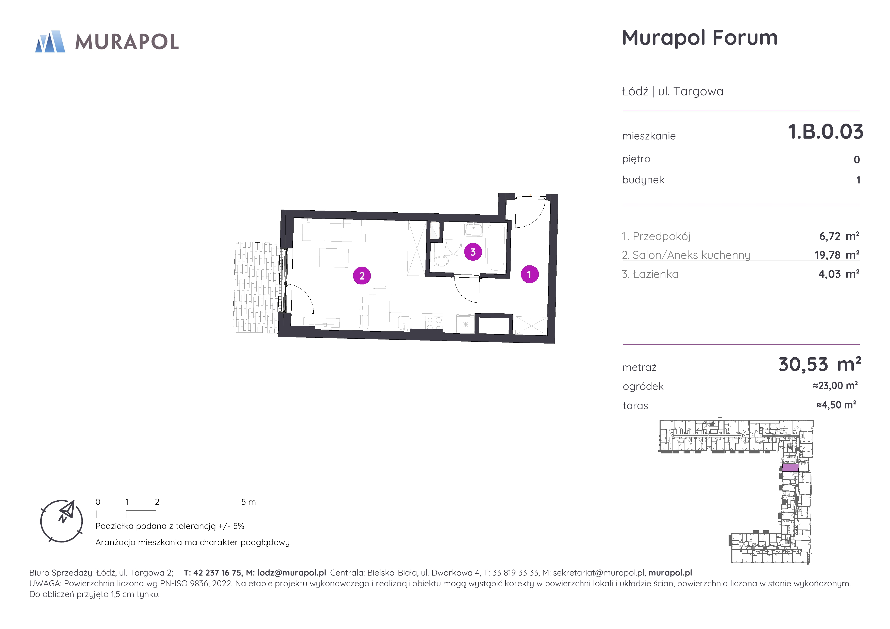 Mieszkanie 30,53 m², parter, oferta nr 1.B.0.03, Murapol Forum, Łódź, Śródmieście, ul. Targowa-idx