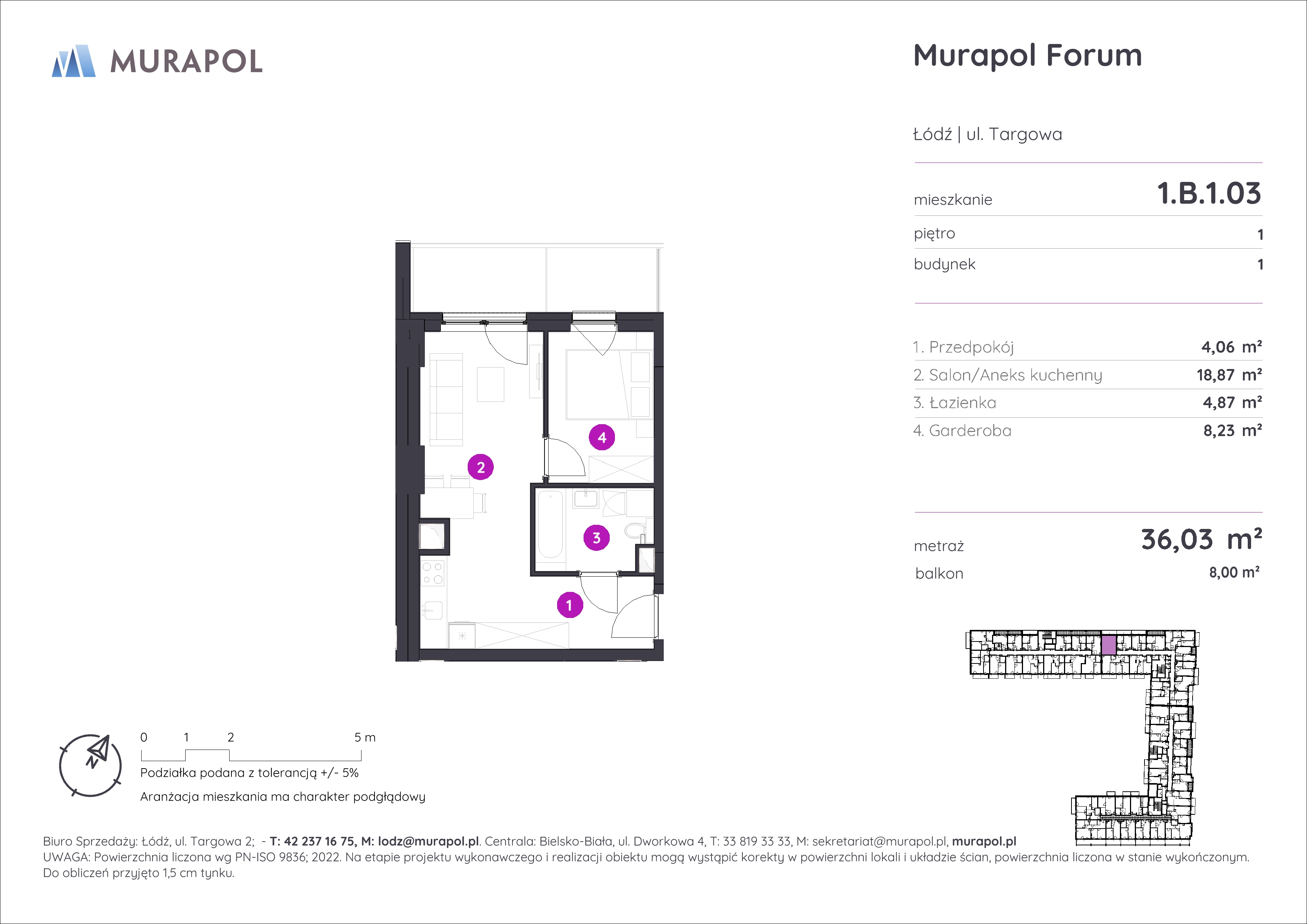 Mieszkanie 36,03 m², piętro 1, oferta nr 1.B.1.03, Murapol Forum, Łódź, Śródmieście, ul. Targowa-idx