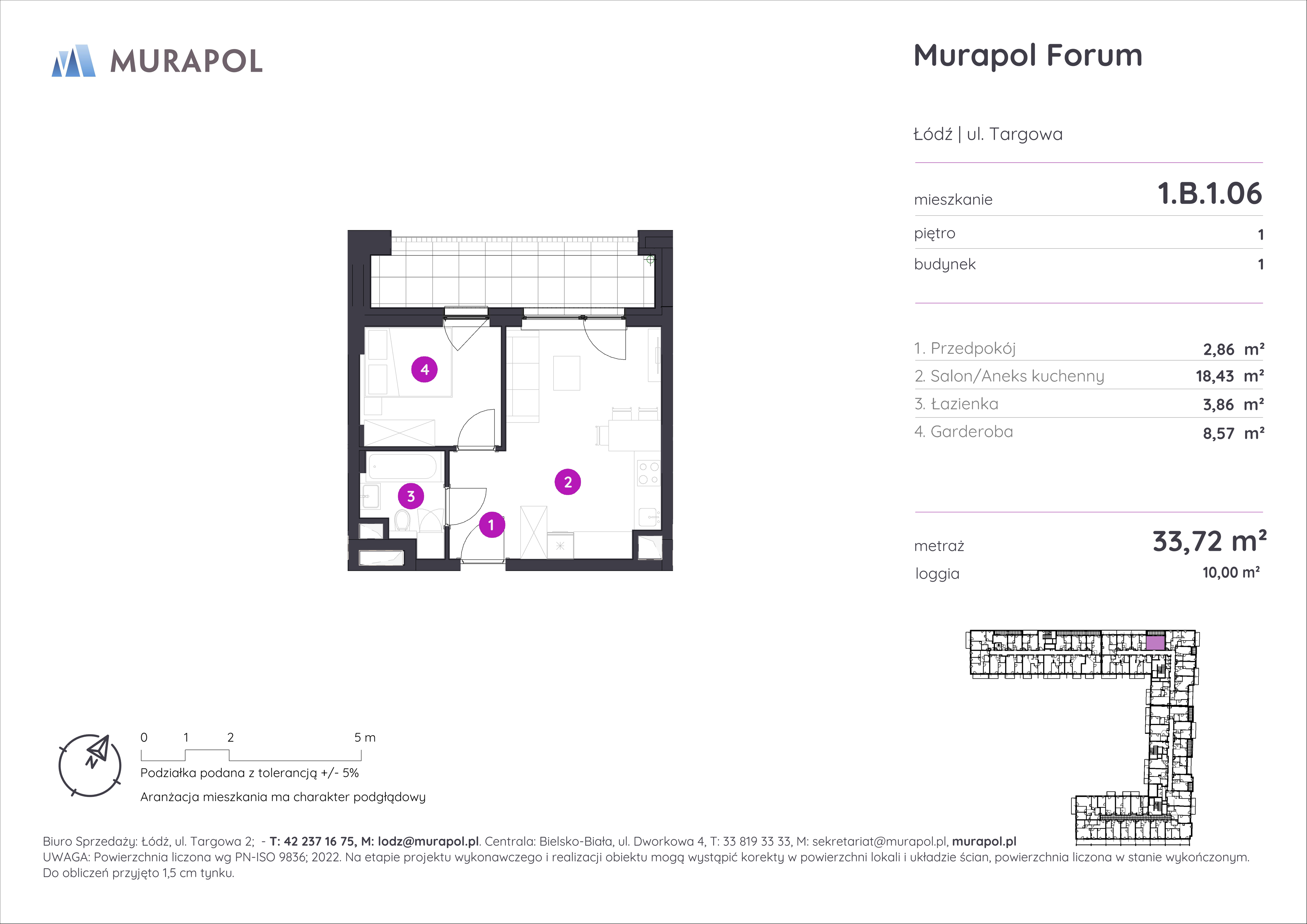 Mieszkanie 33,72 m², piętro 1, oferta nr 1.B.1.06, Murapol Forum, Łódź, Śródmieście, ul. Targowa-idx